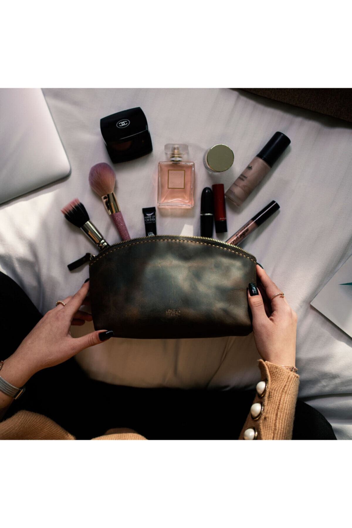 Lonedeer Leather El Yapımı Hakiki Deri Kadın Büyük Makyaj Çantası