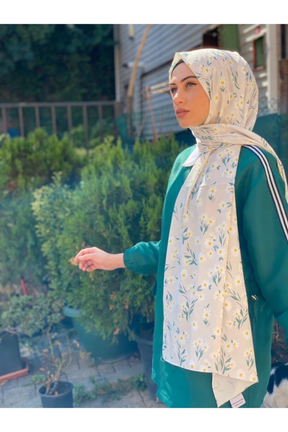 Şeyma celayir Desenli % 100 Ipek Şal Bej Papatya