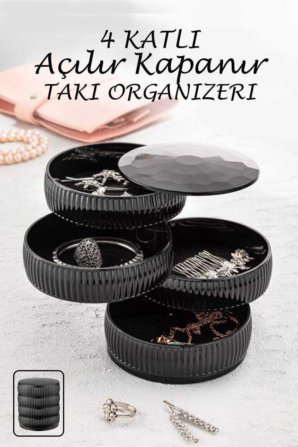Kitchen Life Çizgili 4 Katlı Döner Takı Organizeri Büyük Boy Takı Saklama Kutusu