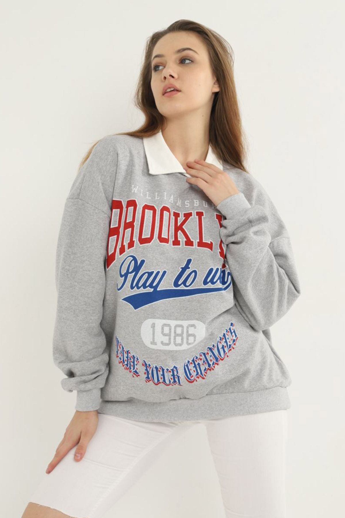 Maze Butik Kadın Gri Kolej Polo Yaka Sweatshirt