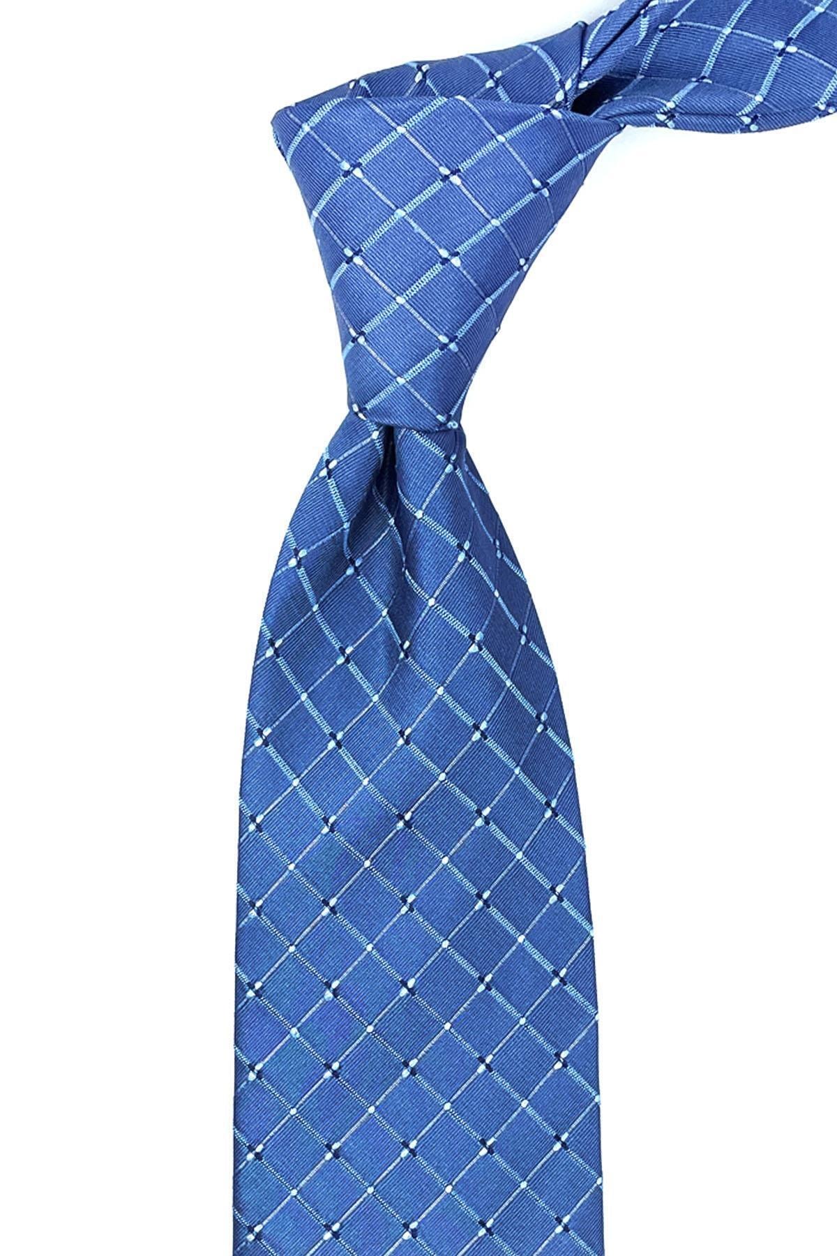 Kravatkolik Plinio Style Mavi Kare Desen Italyan Ipek Kravat Ik886