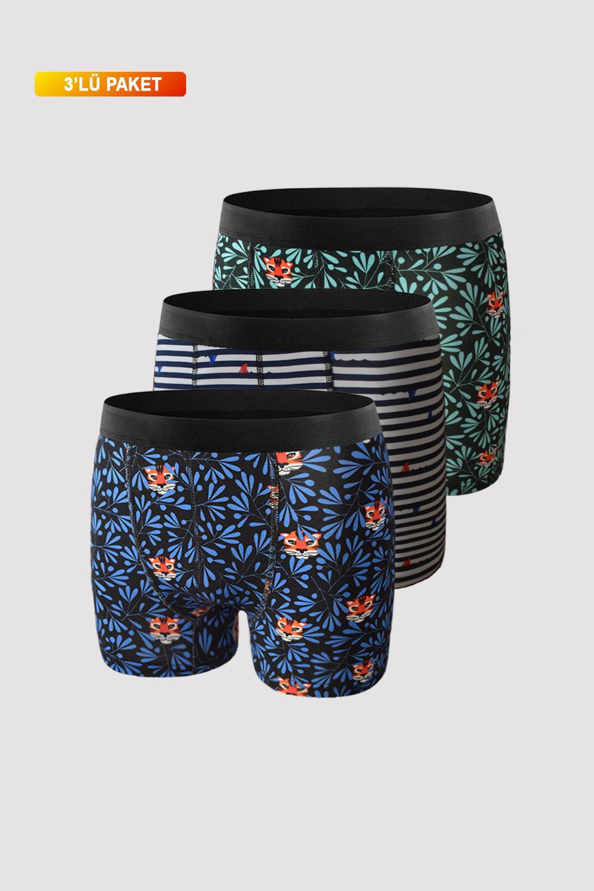 UMFANG Erkek Premium Desenli Boxer 3'lü Pamuklu Likralı