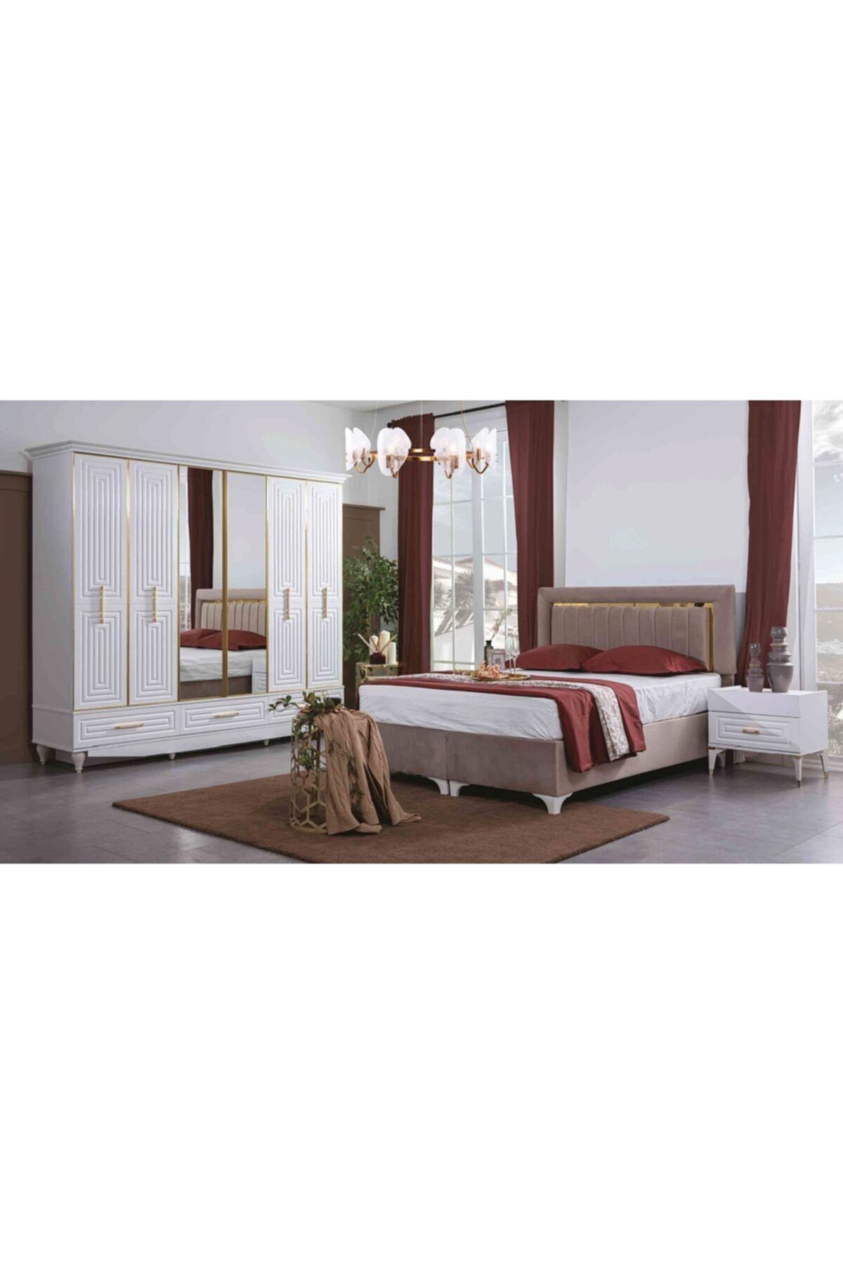 YuyaMobilya Sarıyer Model Beyaz Kapaklı ve Aynalı 5 Parça Mdf Yatak Odası Takımı