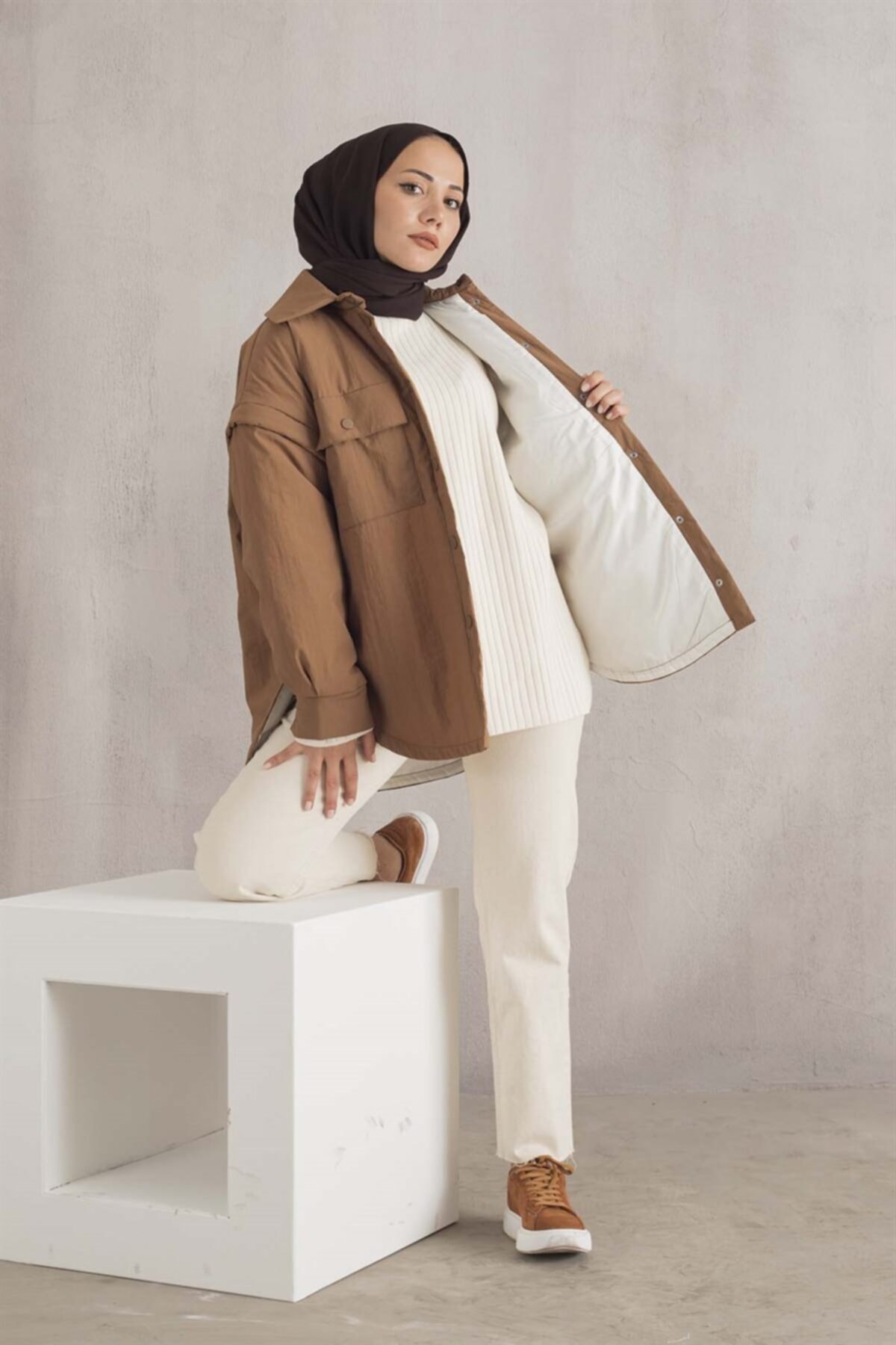moda ala Oversize Çok Kullanışlı Mont Camel
