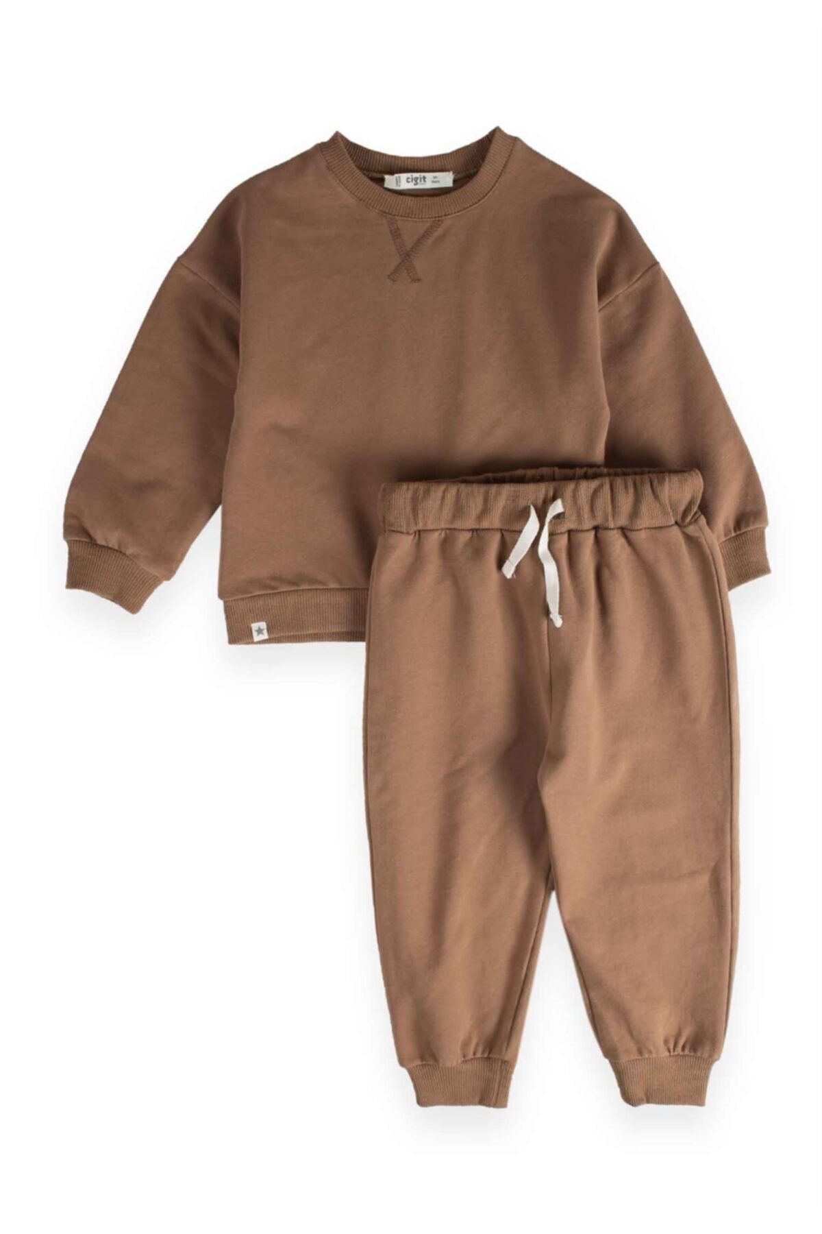 Cigit Basıc Karyoka Detaylı Sweatshirt Takım 3-8 Yaş Kahve