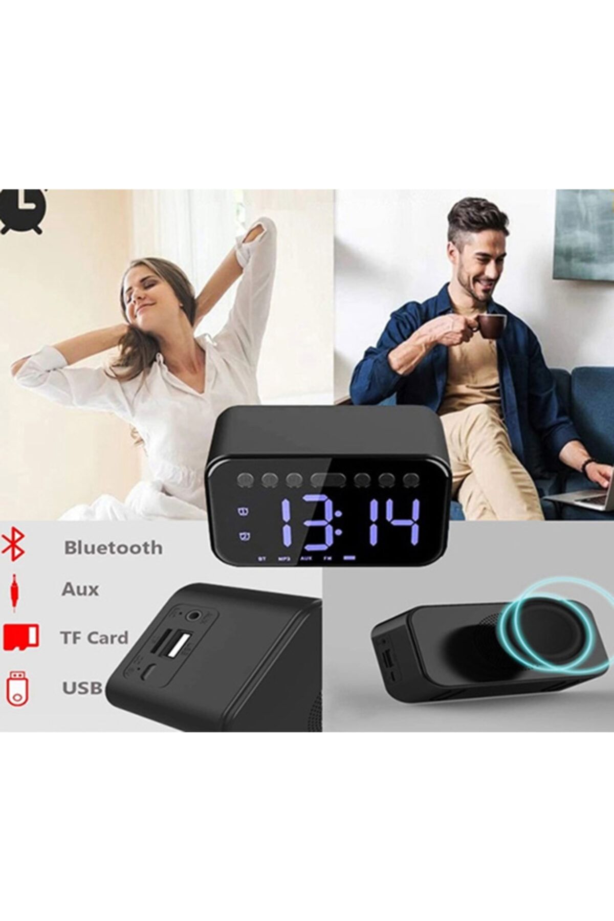 ŞifaiNur Şarjlı Bluetooth Hoparlör Radyo Ve Çift Alarmlı Lcd Ekran Dijital Çalar Saat Masa
