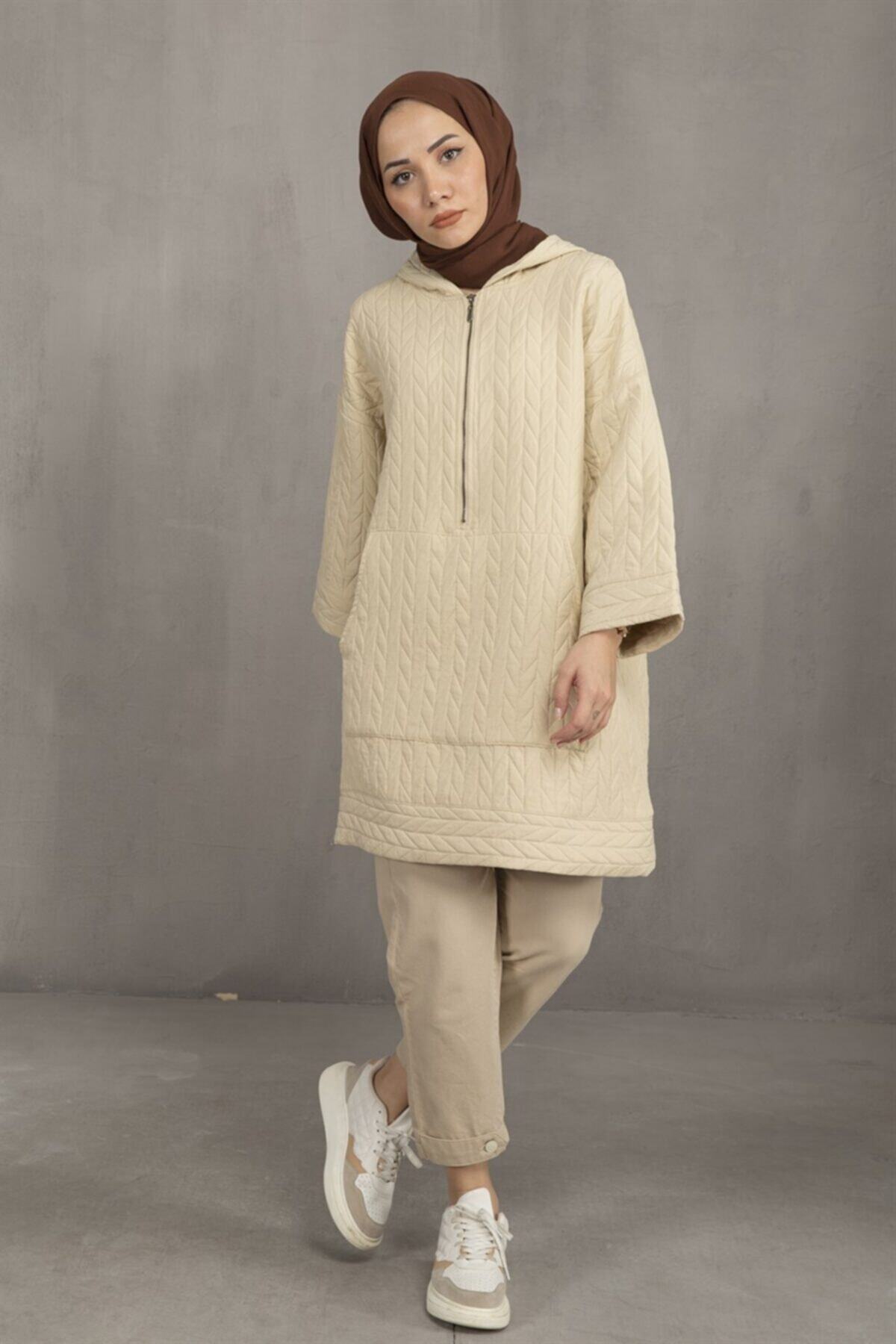 moda ala Kendinden Desenli Kapüşonlu Sweat Taş