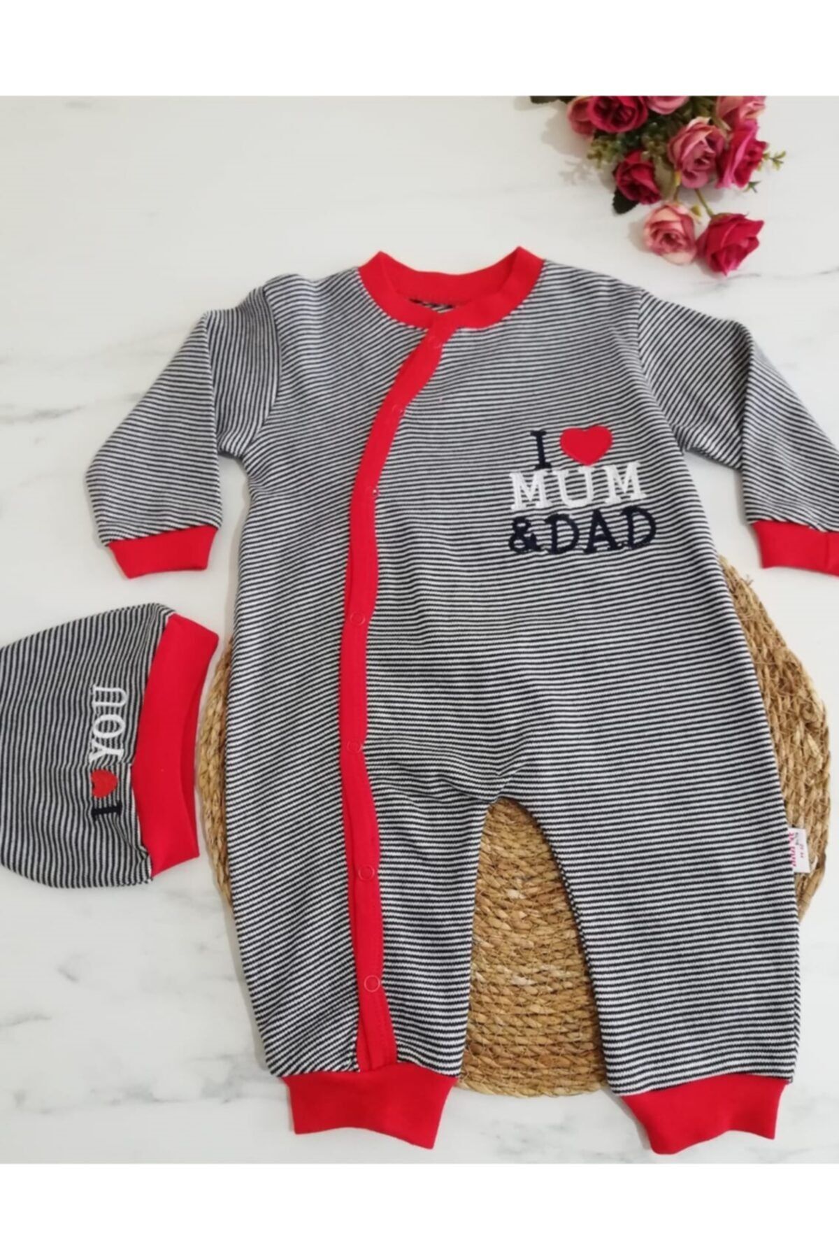 Murat Baby Mubebe Uyku Tulumu Çizgili Annemi Babamı Seviyorum Baskılı Şapkalı