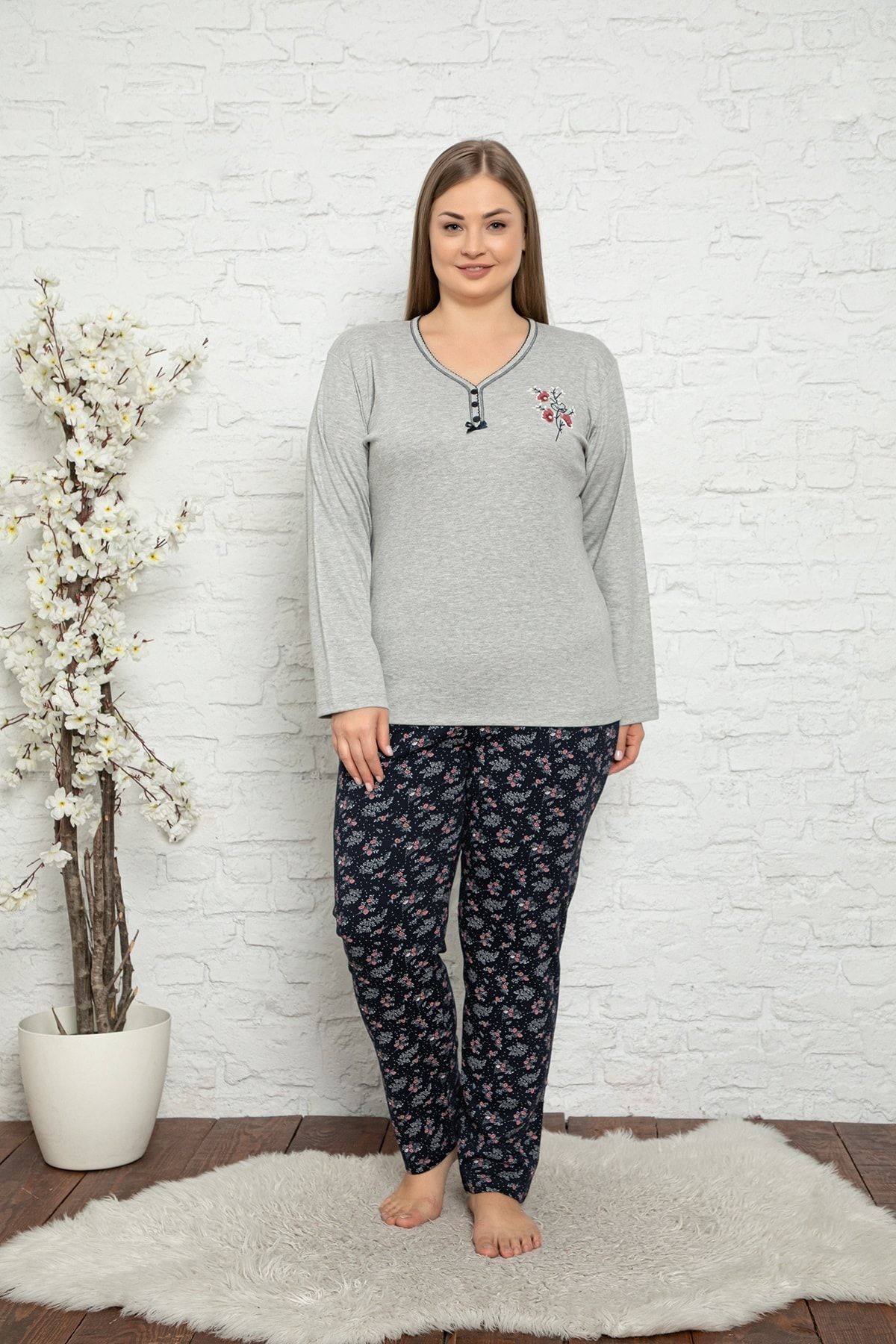 MODAREYA Büyük Beden Gri Bayan Pijama Takımı