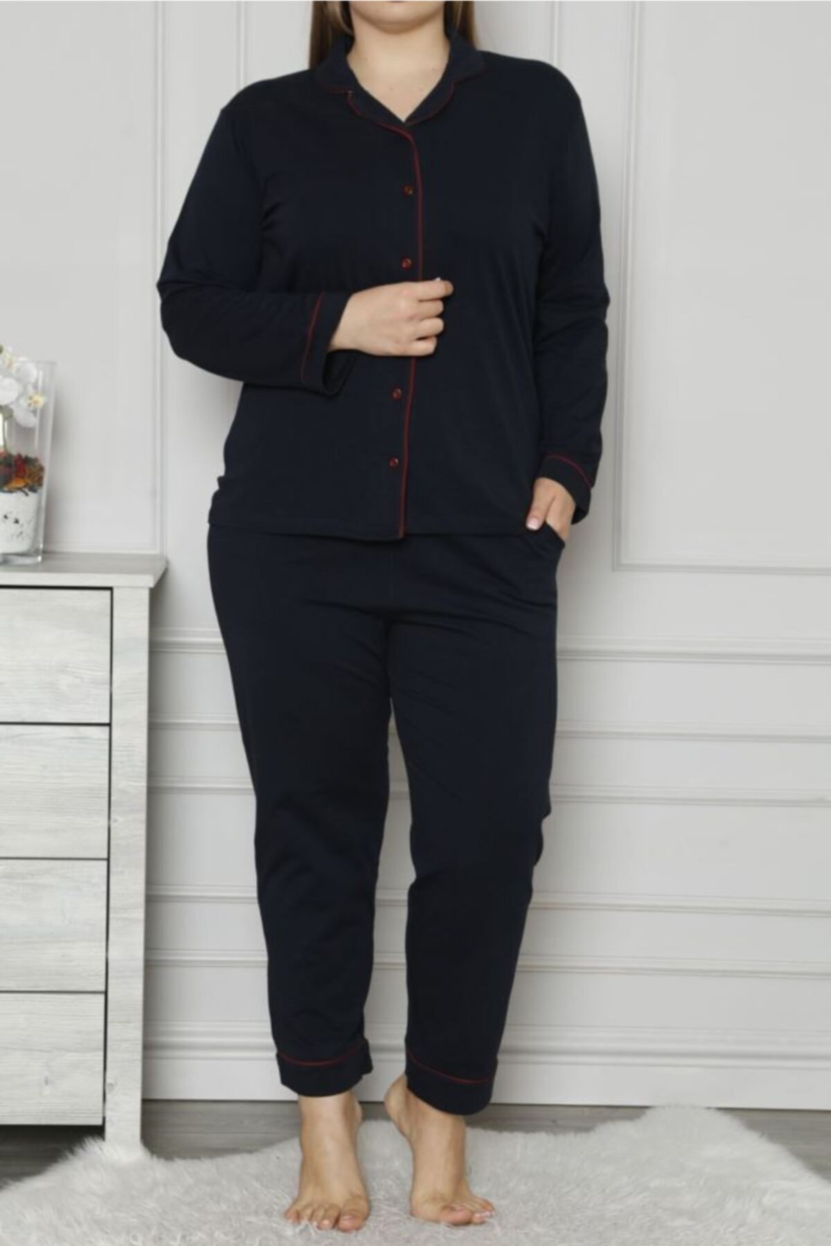 Nicoletta Lacivert Kadın Pijama Takımı Düğmeli Uzun Kollu Büyük Beden Cepli