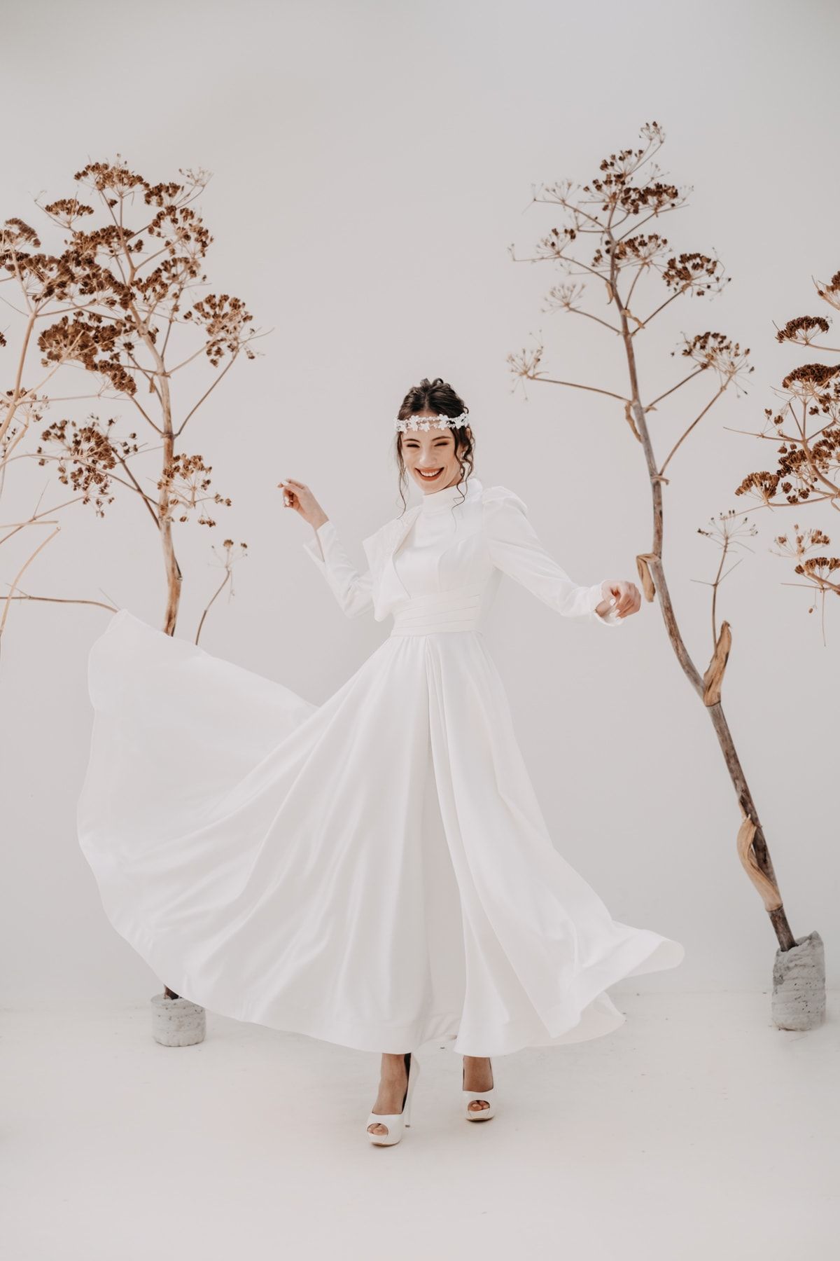 JAQAR Ekru Saten Nikah Elbisesi