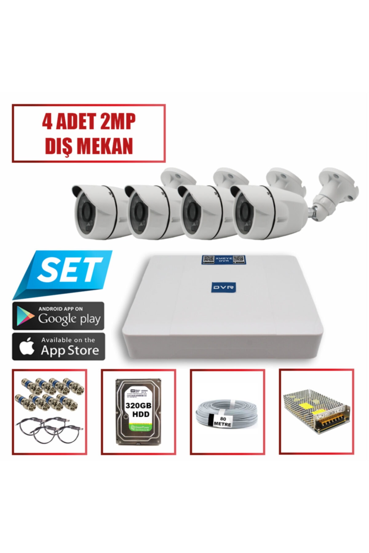 Baff 4 Adet 2mp Kamera+4ch Dvr+hdd+bnc+power Jack Full Hd Kamera Seti