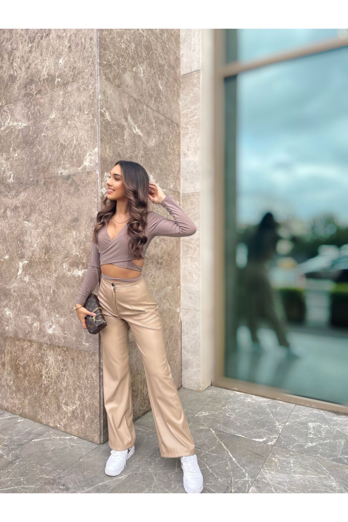 AysalStore Bej Suni Deri Straight Fit Pantolon Kadın