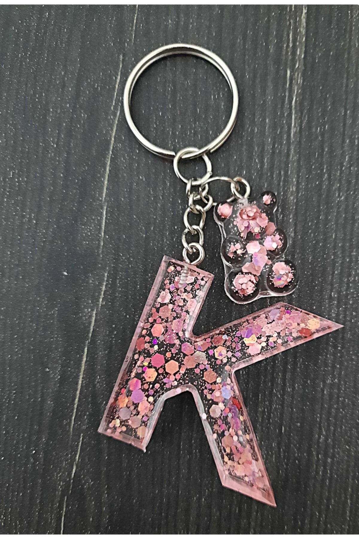 nursstore Simli Gül Kurusu Glitterlı Ayıcıklı K Harf Anahtarlık Hediyelik Epoksi Anahtarlık Kharfi