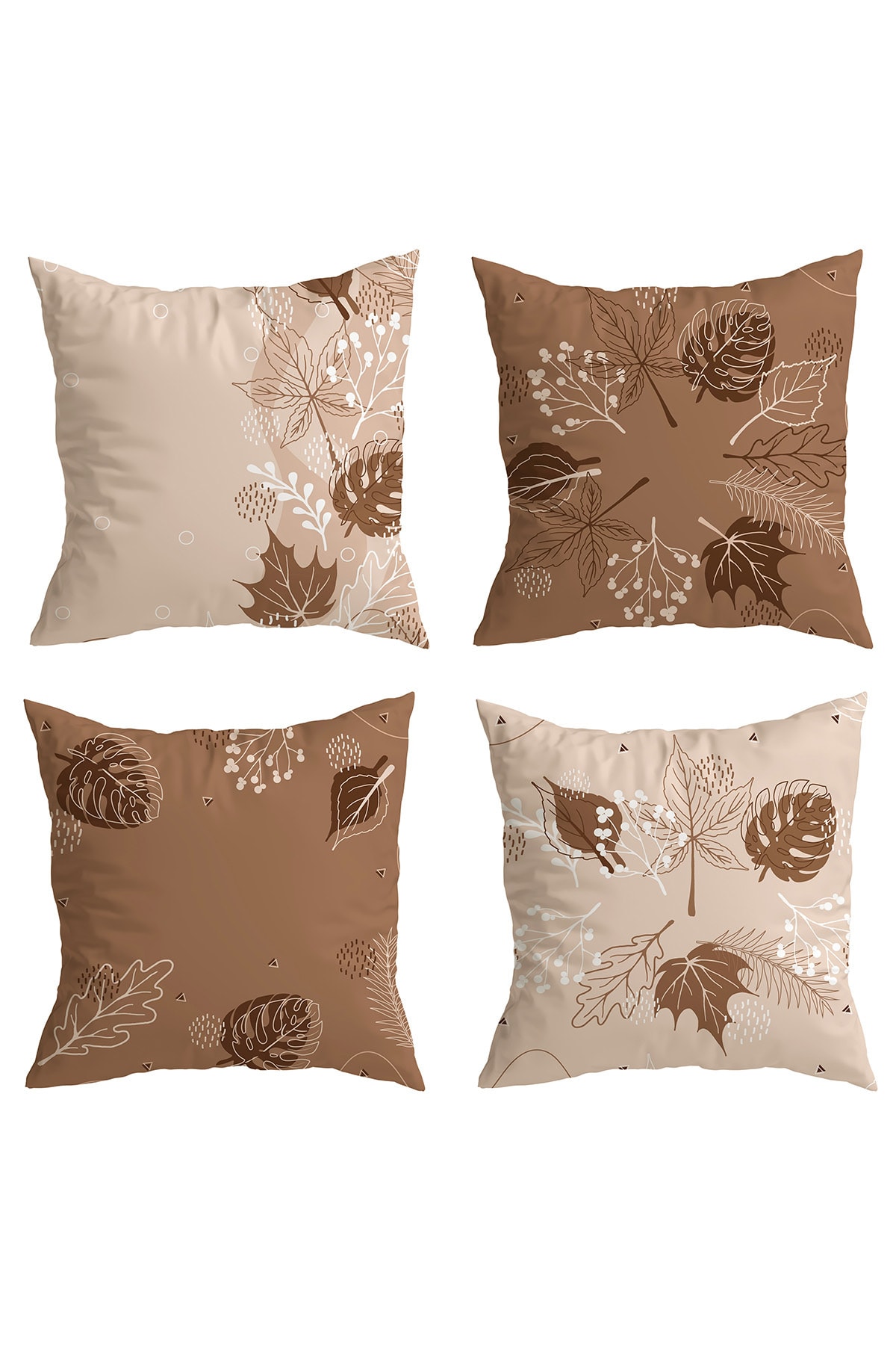 LUCE VITA HOME Çift Taraf Baskılı Vizon Rengi Detaylı Son Bahar Yaprak Desenli 4'lü Kırlent Kılıfı