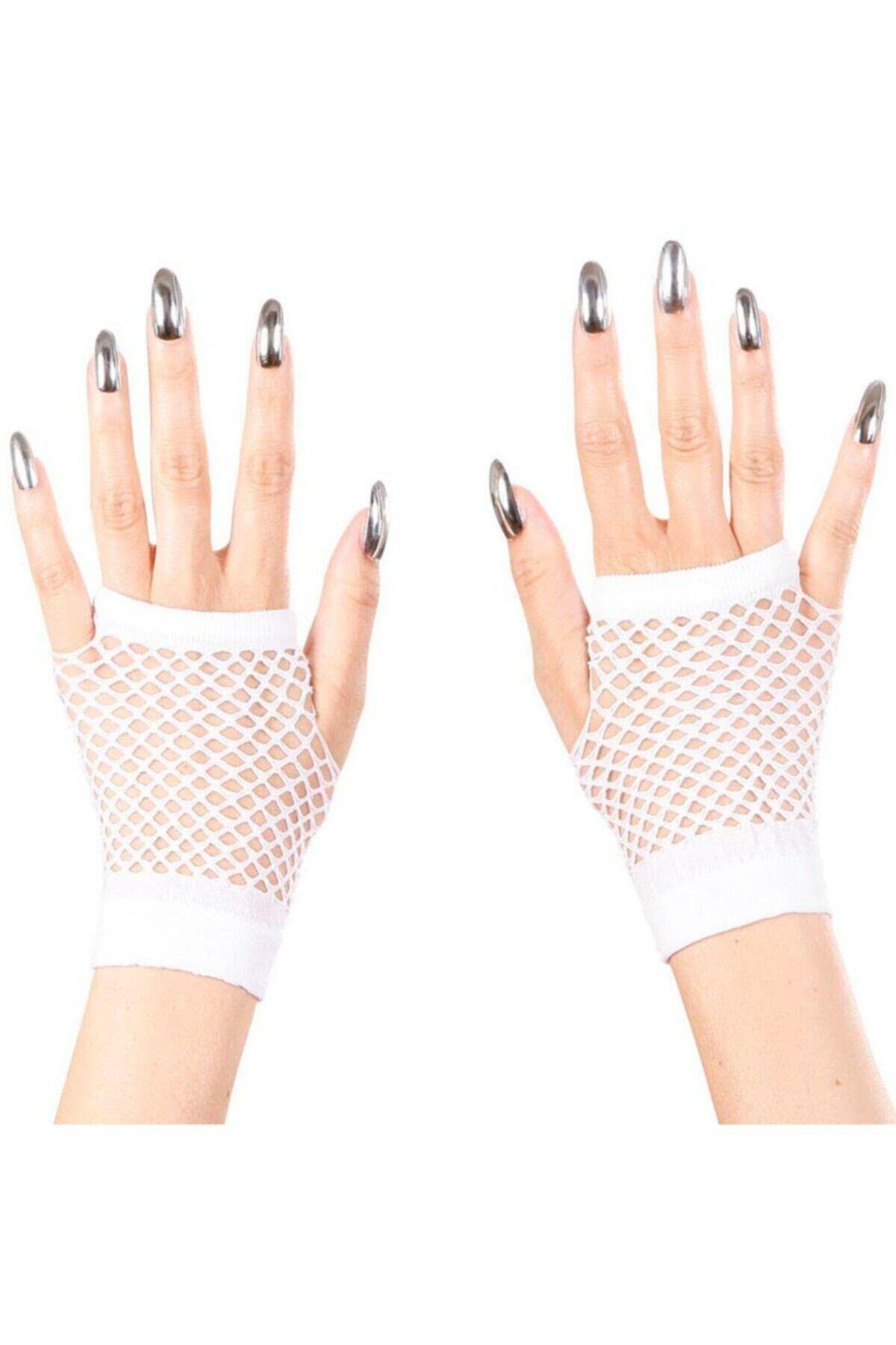 angel store Parti Aksesuar Beyaz Renk Kısa Boy Fileli Örgü Eldiven