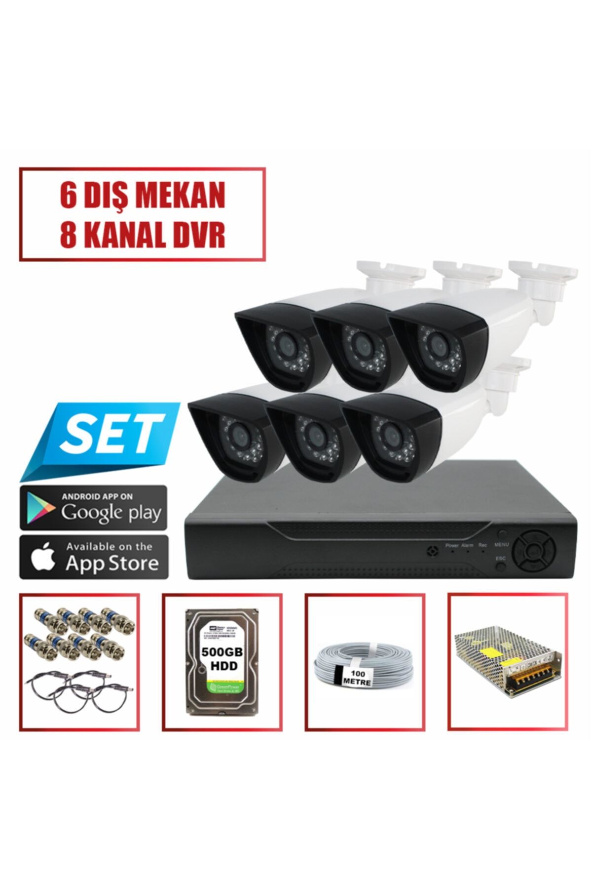 Baff 6 Adet Kamera+8 Kanal Kayıt Cihazı+500gb Hdd+bnc+power Jack Güvenlik Kamerası Seti
