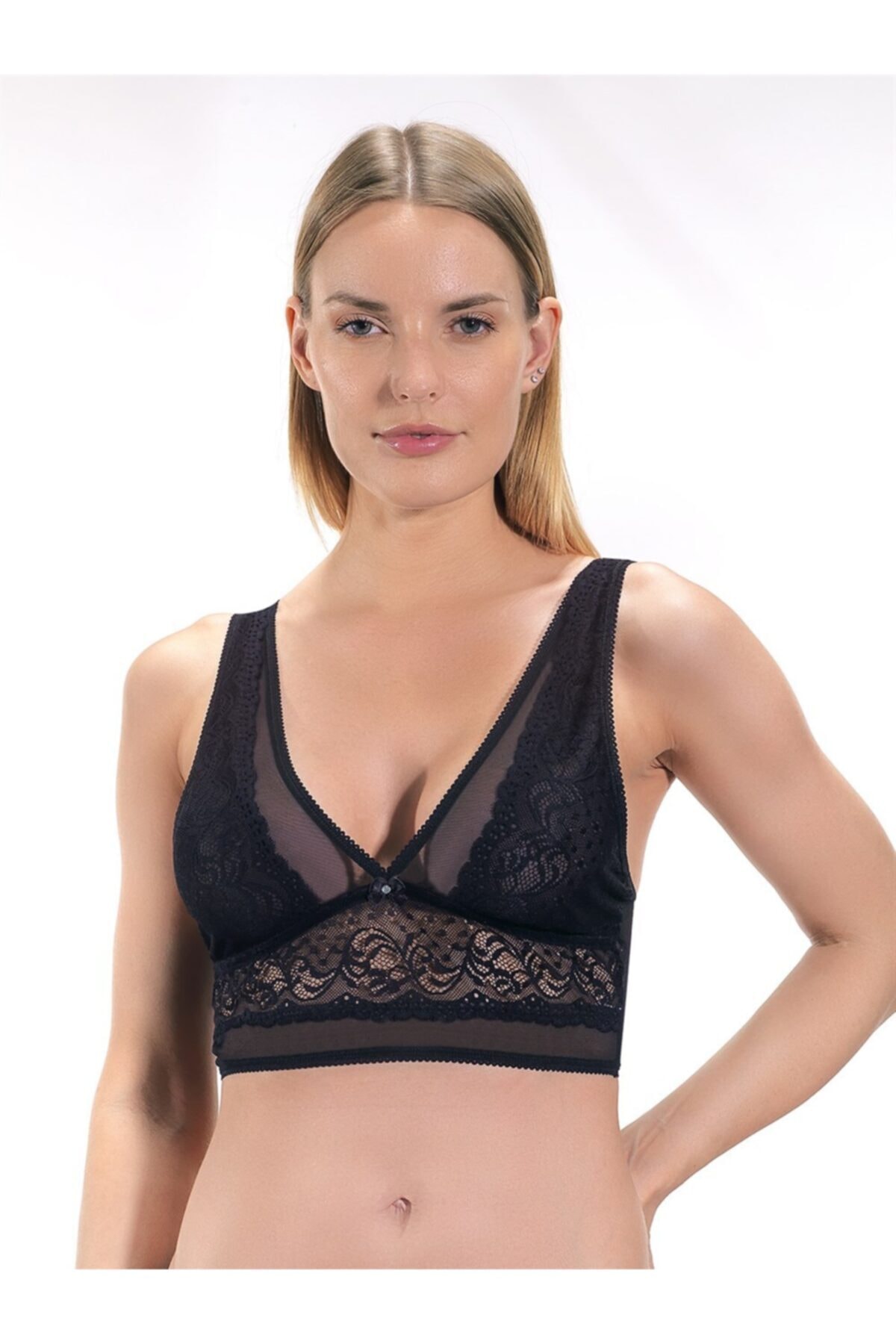 Cottonhill Kadın Siyah Tül Detaylı Dantelli Kapsız Balensiz Bralet Büstiyer