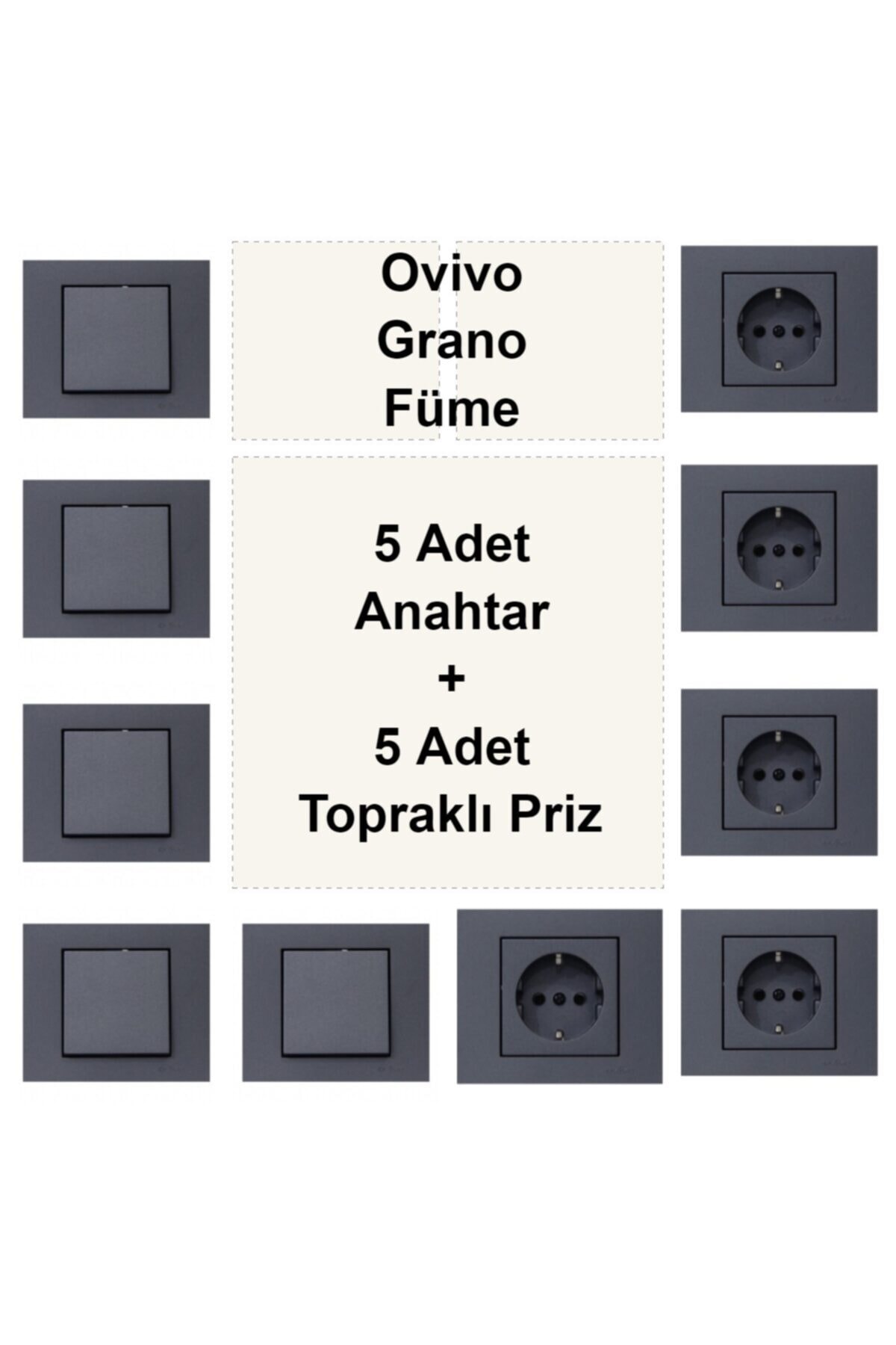 ÇağatayElektrik Ovivo Grano Füme 5 Adet Anahtar + 5 Adet Topraklı Priz
