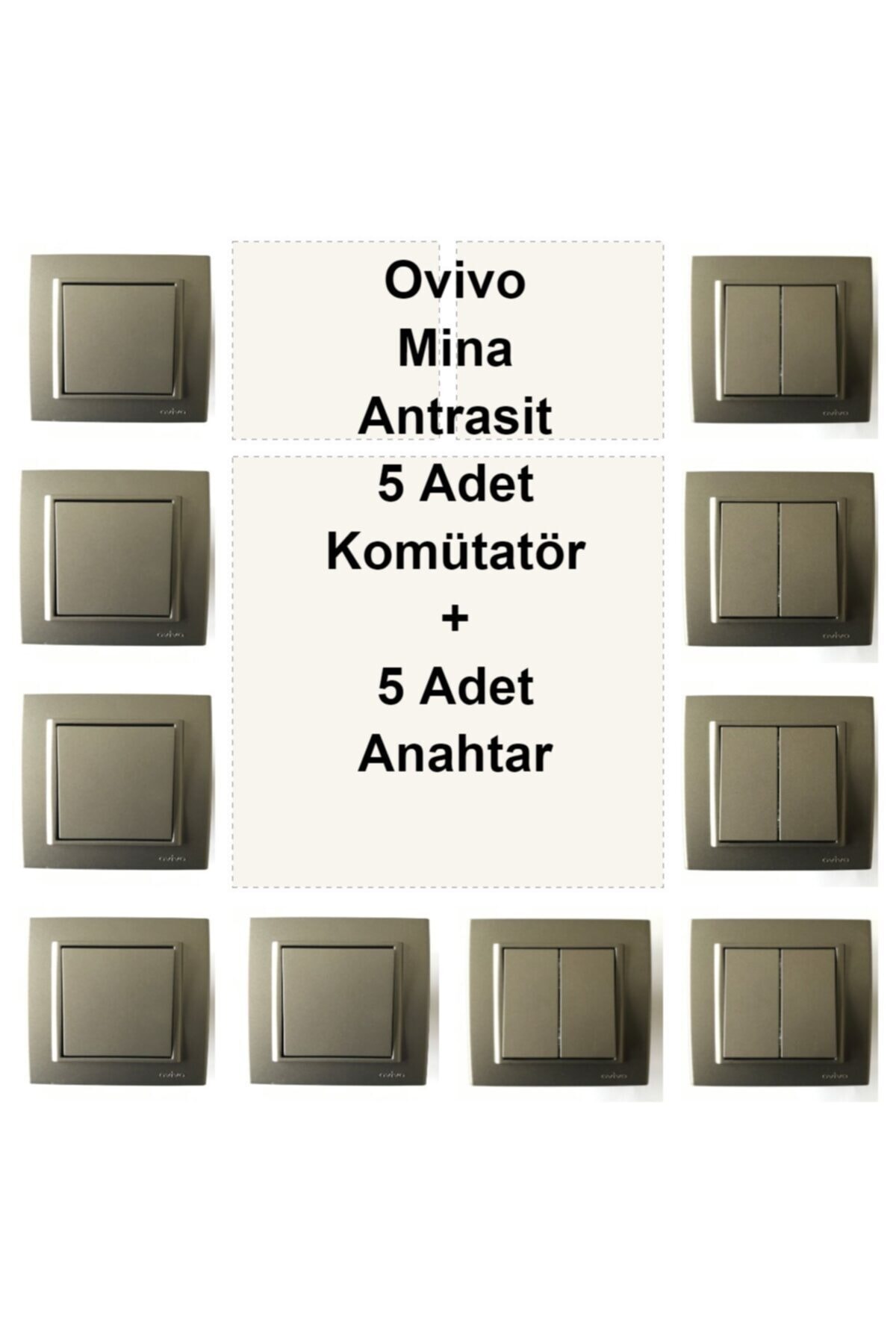 ÇağatayElektrik Ovivo Mina Antrasit 5 Adet Komütatör + 5 Adet Anahtar