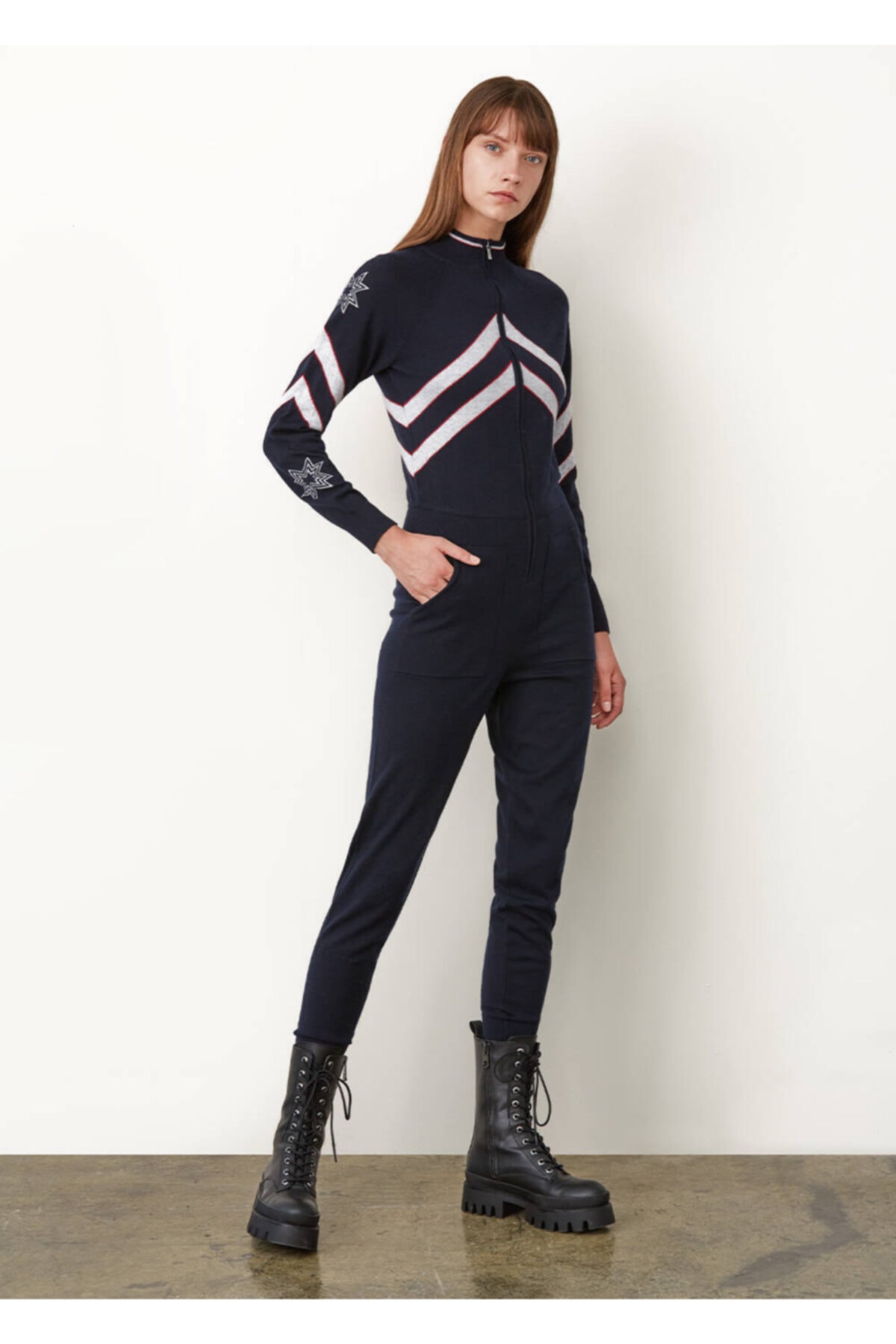 Knitss Yıldız Desenli Merino Yün Lacivert Triko Tulum