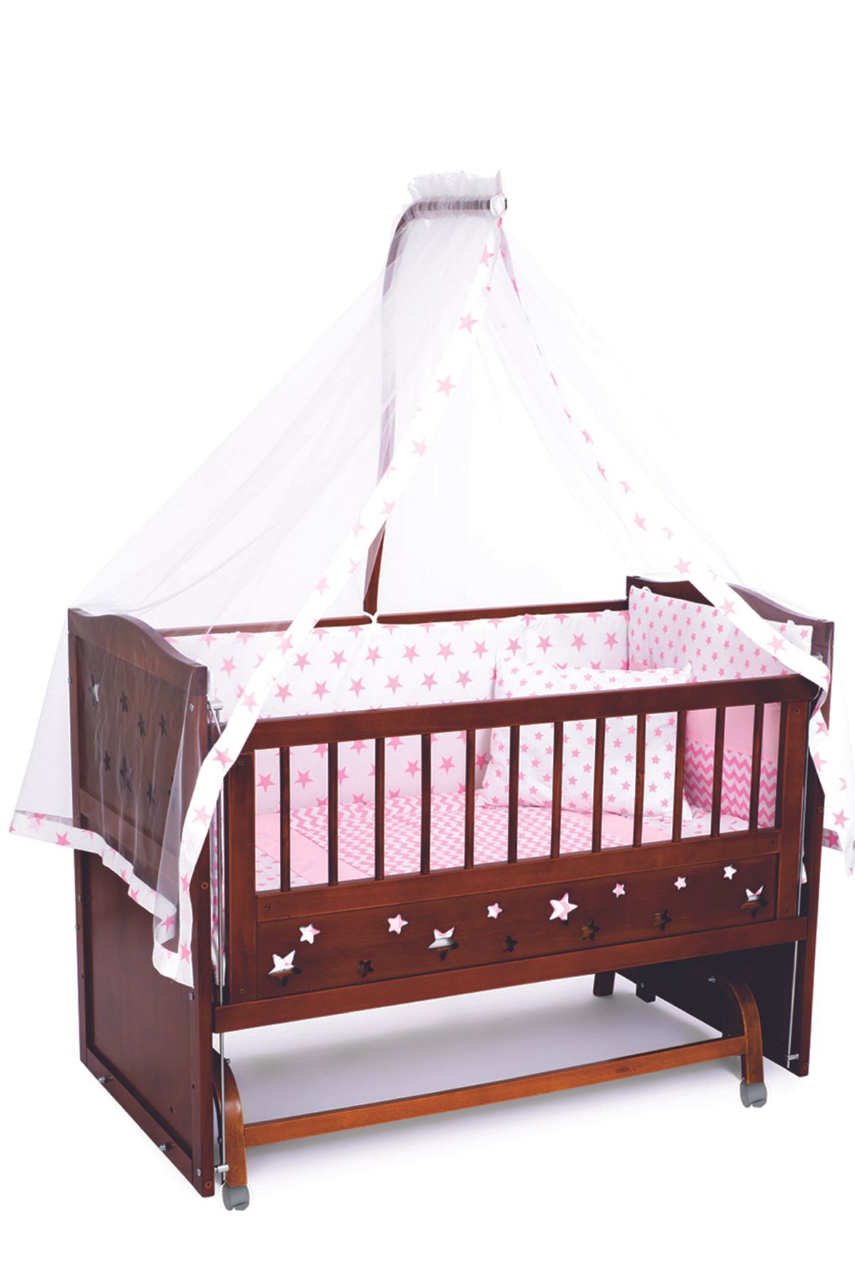 bamgidoo Ceviz Ahşap Yıldızlı 3 Kadameli Anne Yanı Beşik 60x120 - Kck Pembe Uyku Setli+yataklı+tekerlek