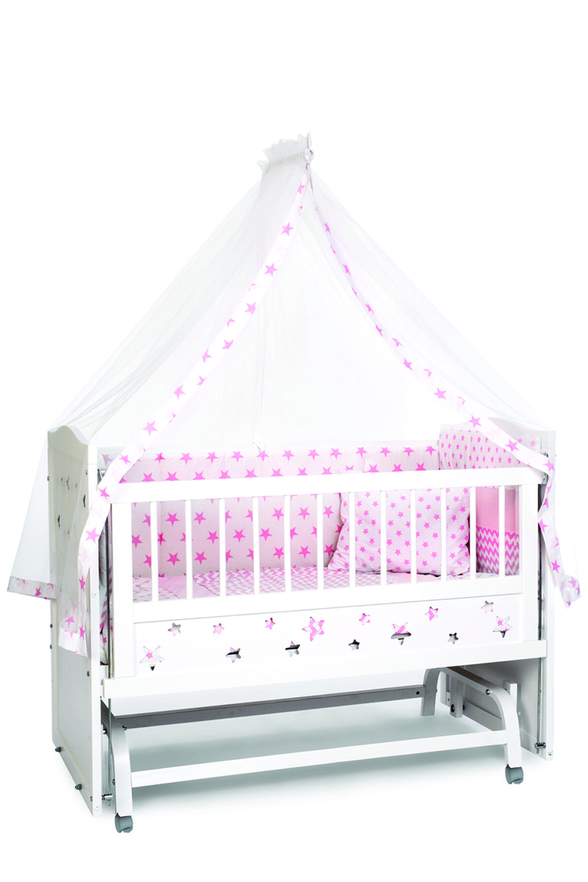 bamgidoo Lake Beyaz Yıldızlı 3 Kadameli Anne Yanı Beşik 60x120 - Kck Pembe Uyku Setli+yataklı+tekerlek