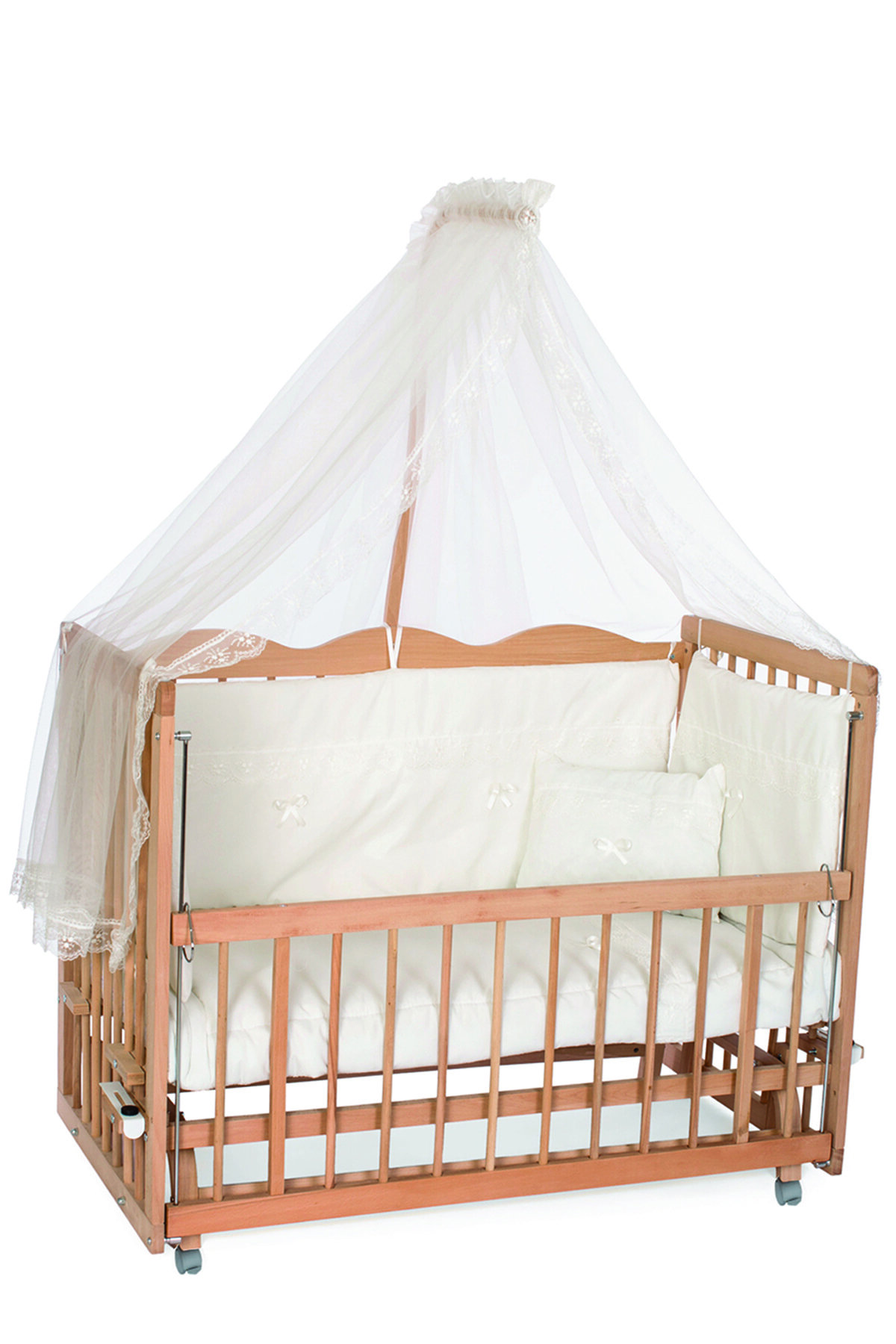 bamgidoo Asya Organik Ahşap Beşik Anne Yanı Beşik 5 Kademeli 60x120 Krem Güpürlü Uyku Setli+yatak+tekerlek