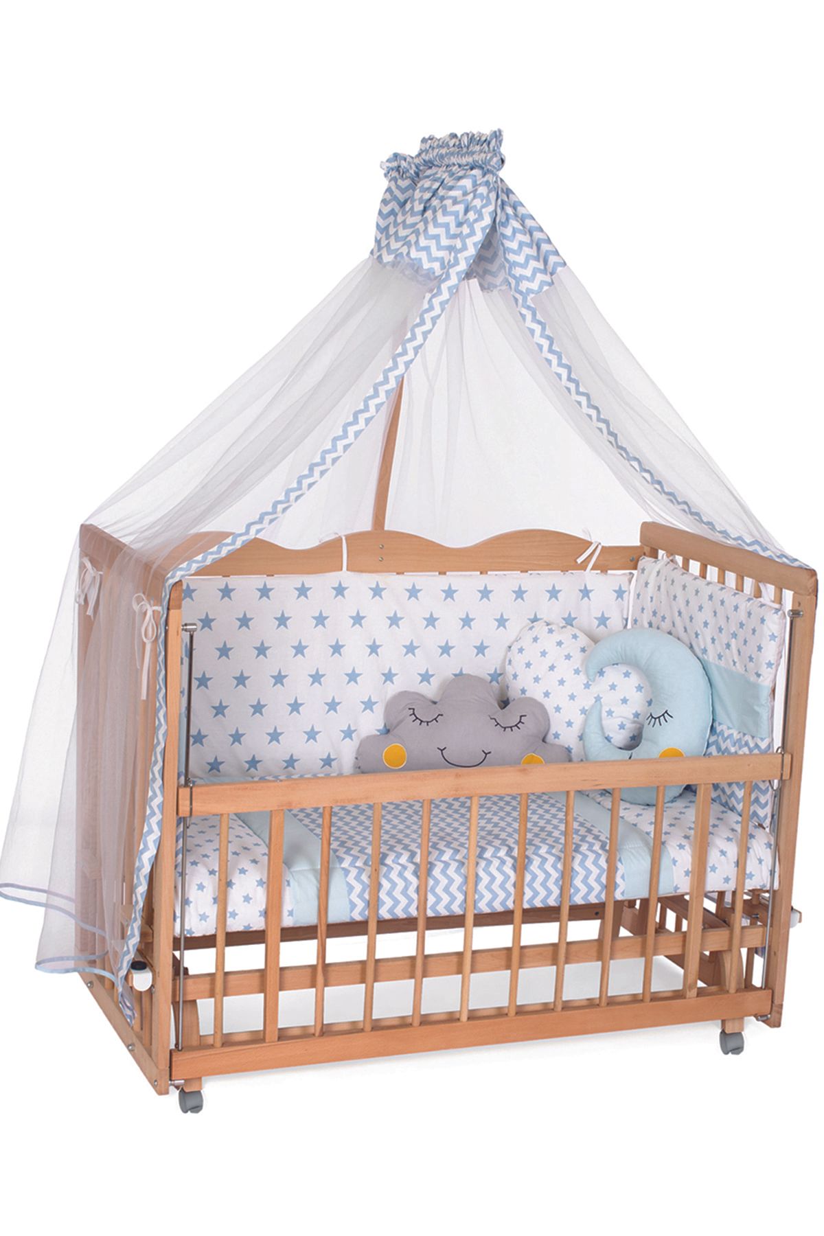 bamgidoo Asya Ahşap Beşik Organik 60x120 Anne Yanı 5 Kademeli Beşik Mavi Yıldızlı Uyku Setli+yatak+tekerlek