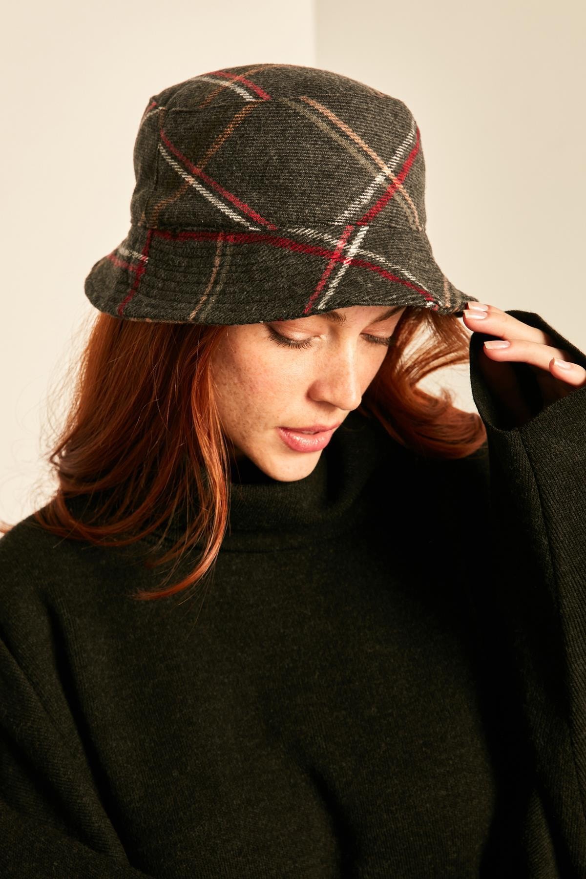 YLondon 14189 Ekose Desen Kaşe Antrasit Bucket Şapka