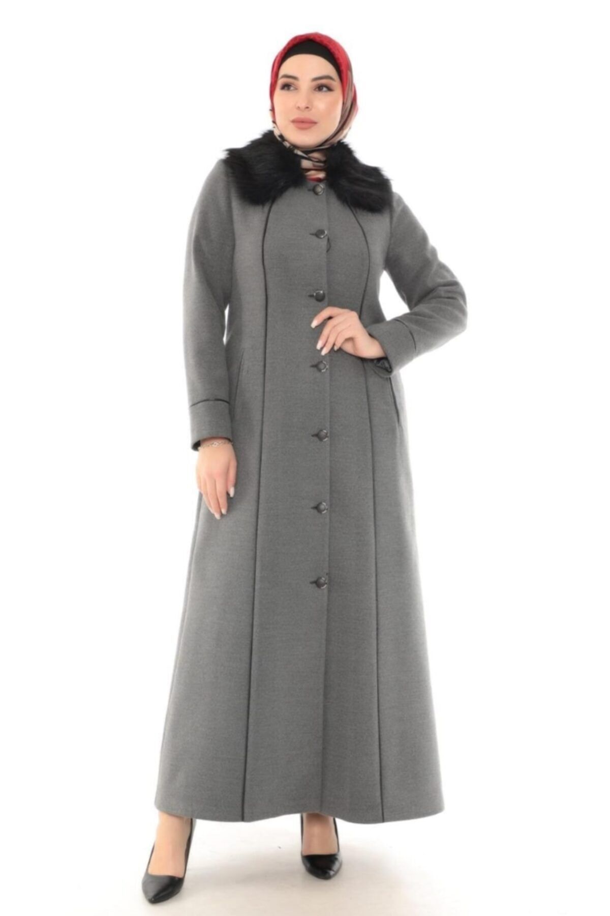 Çiğdem Butik Kışlık Kaşe Manto Tam Boy Anne Modeli Düğmeli Büyük Beden