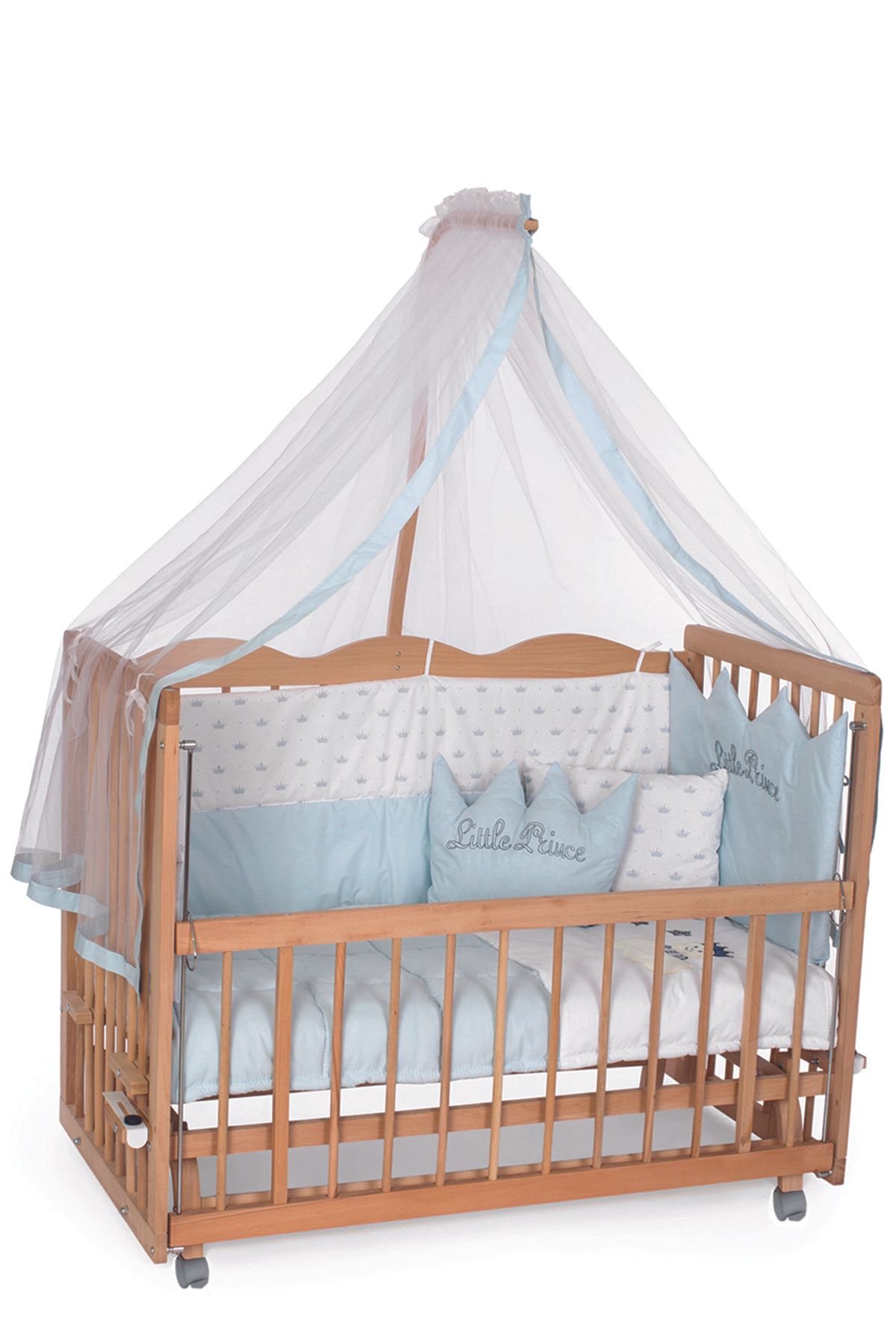 bamgidoo Asya Ahşap Beşik 60x120 Anne Yanı Sallanır Beşik - Mavi Prens Uyku Setli+yatak+tekerlek