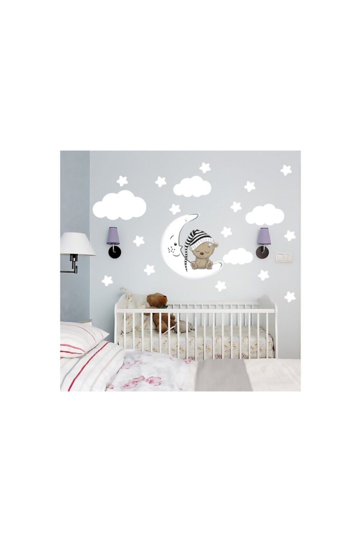 Pandas Uyuyan Ayıcık Beyaz Yıldızlar Ve Bulutlar Dekoratif Bebek Çocuk Odası Duvar Sticker