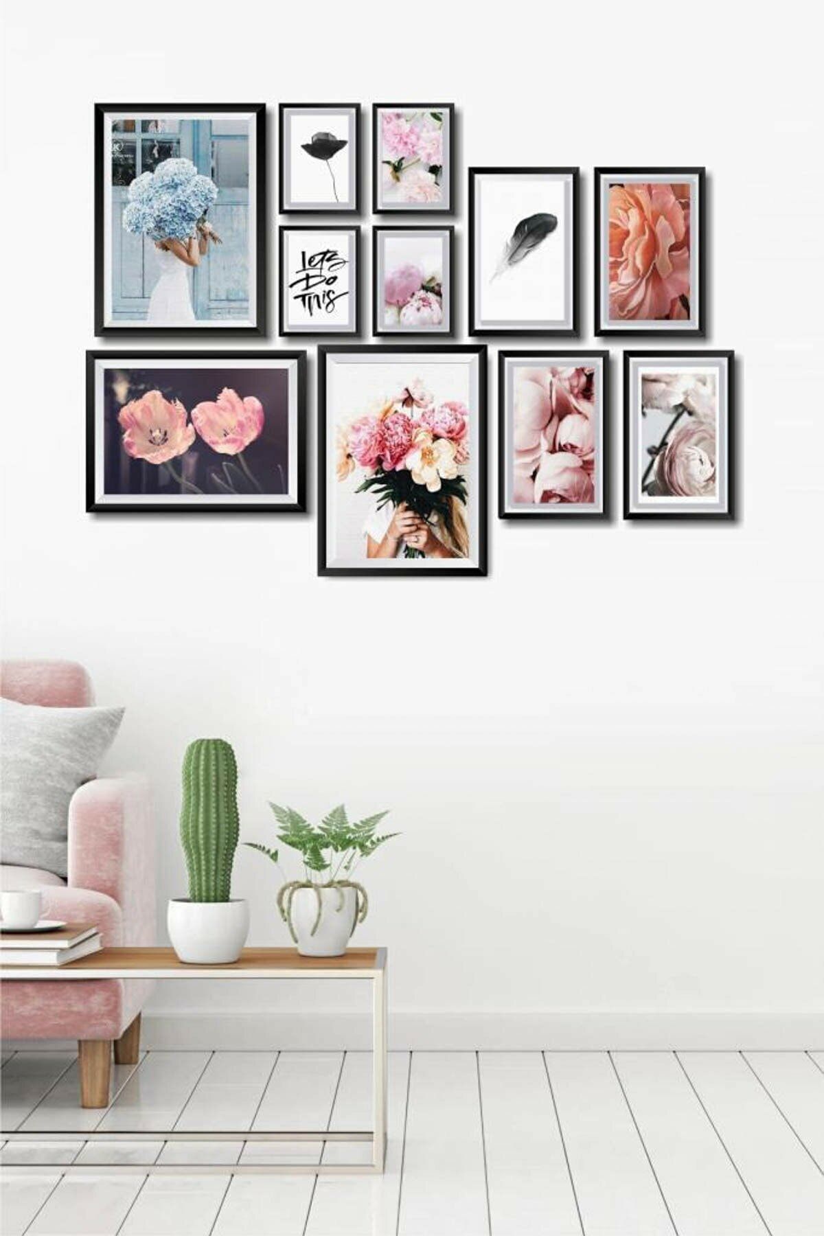 NT Handmade 11 Parça Ahşap Tablo Seti Mavi Ve Pembe Çiçekler Salon Otuma Yatak Odası Için Duvar Dekoru 90x65cm