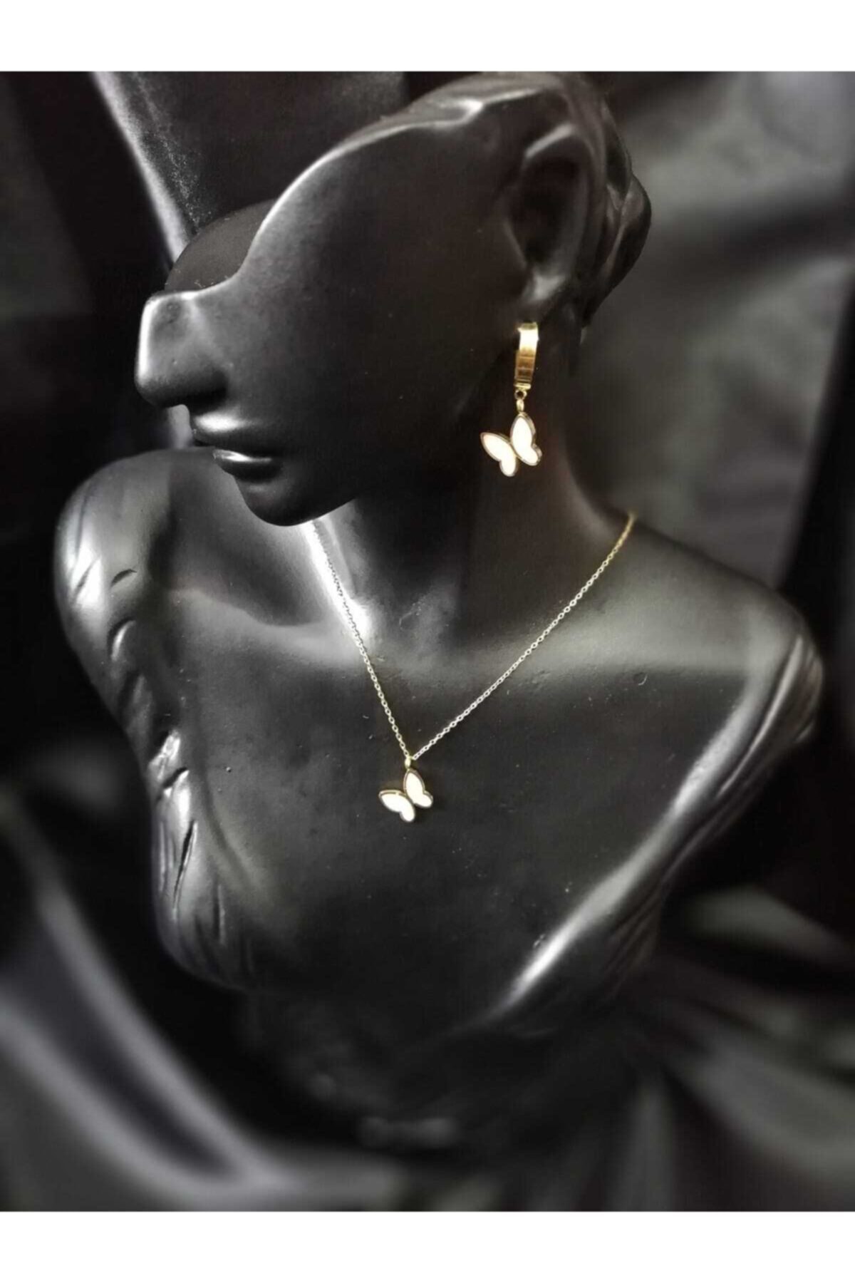 ByKuss Zirkon Kelebek Desenli Çelik Kolye Ve Küpe Seti