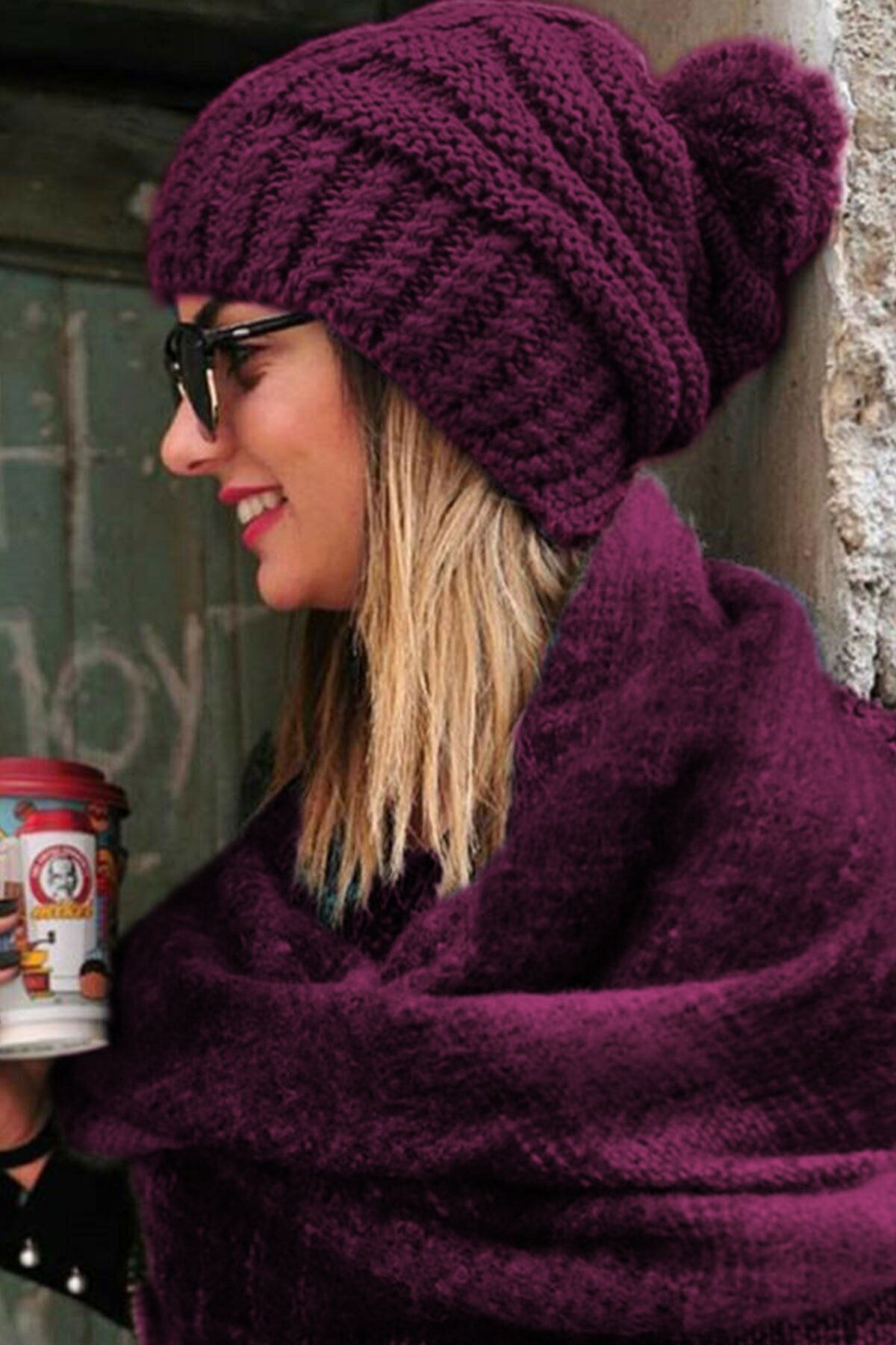Lookshop 52 Ponponlu Kadın Örgü Bere-mor