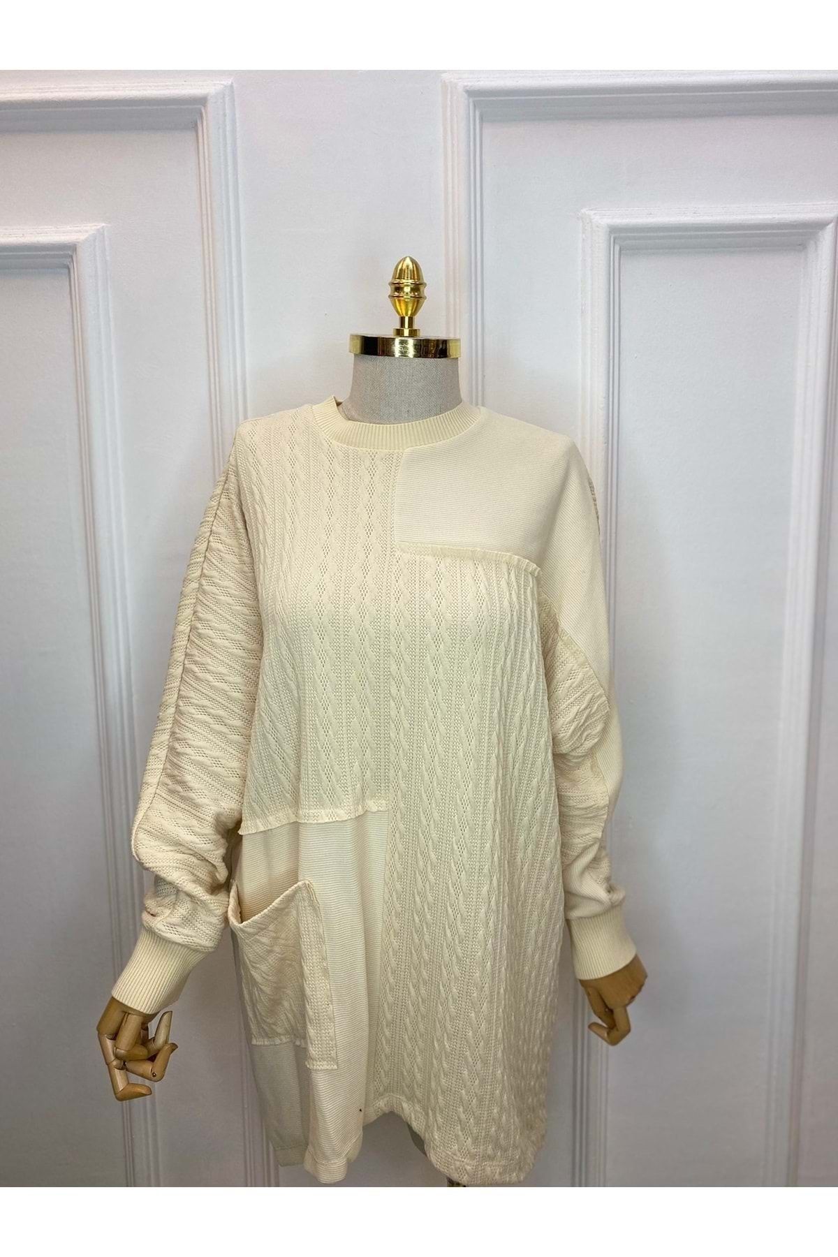 azra fashion Triko Detay Sweat 20462 Krem