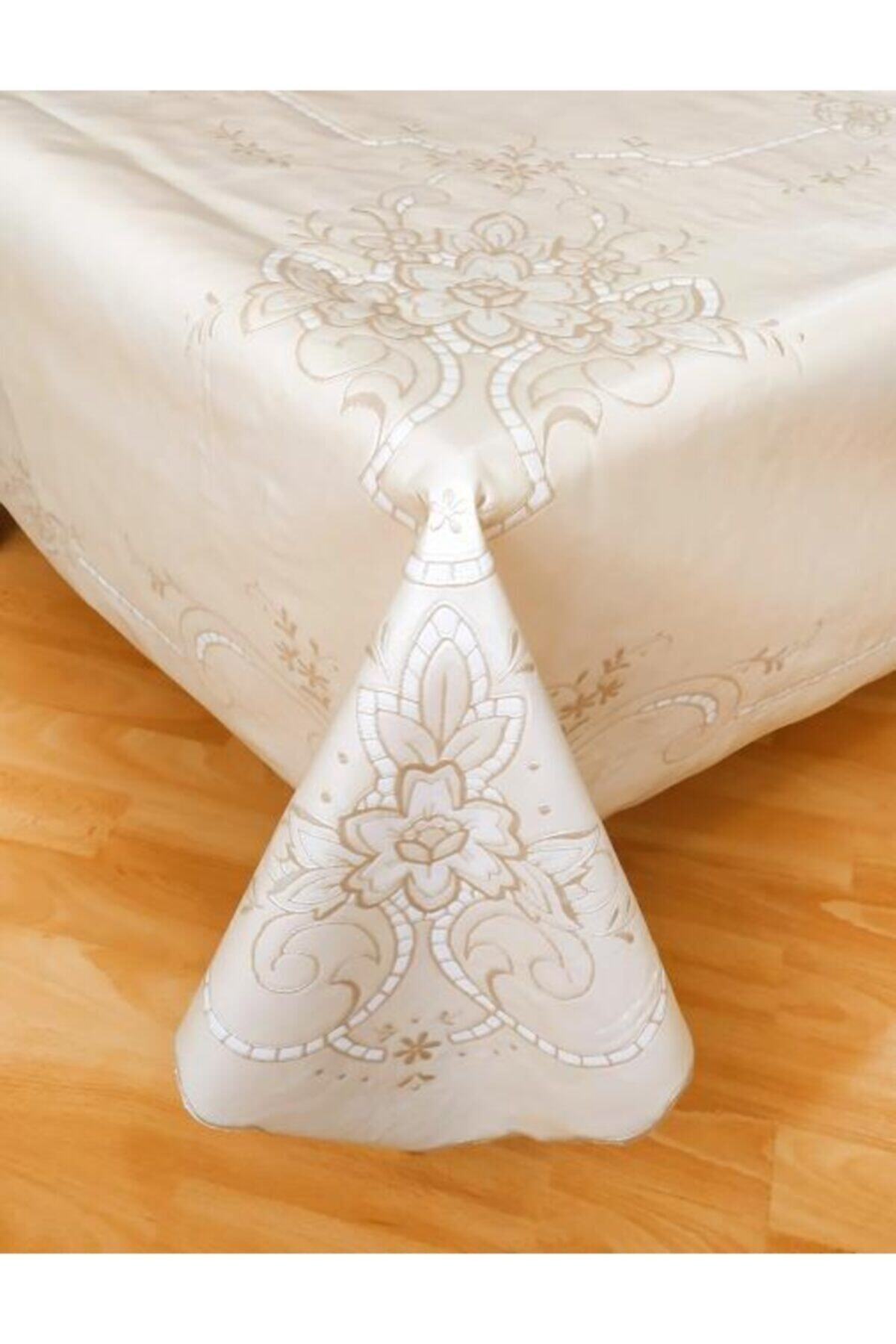 EFEMHOME Kumaş Görünümlü Dantelli Silinebilir Pvc Muşamba Masa Örtüsü