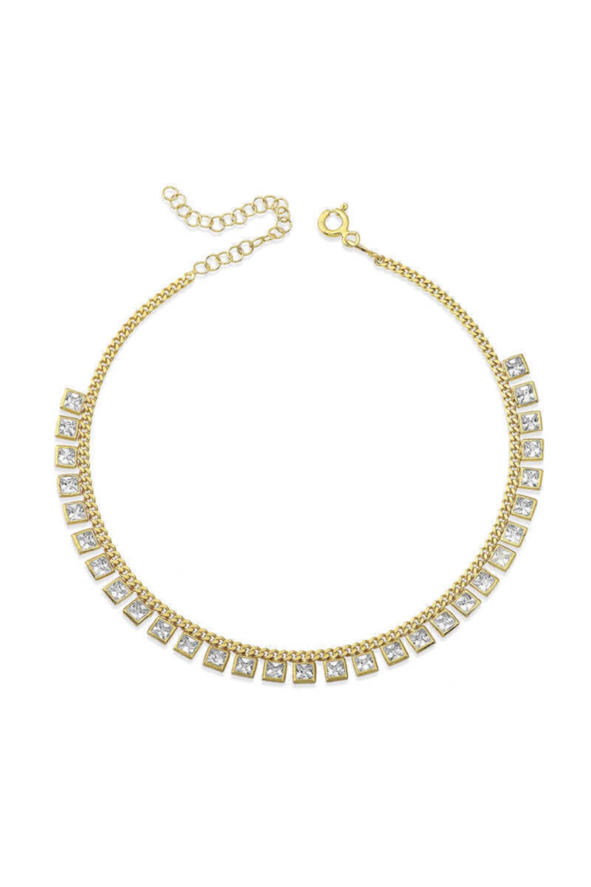 Candie Silver Zincirli Kare Zirkon Taşlı Gold Renk 925 Ayar Gümüş Halhal