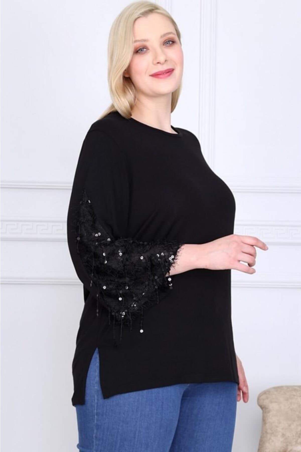ViolettaXL Kadın Siyah Büyük Beden Kolları Ispanyol Payetli Sarkıtlı Likralı Viskon Bluz