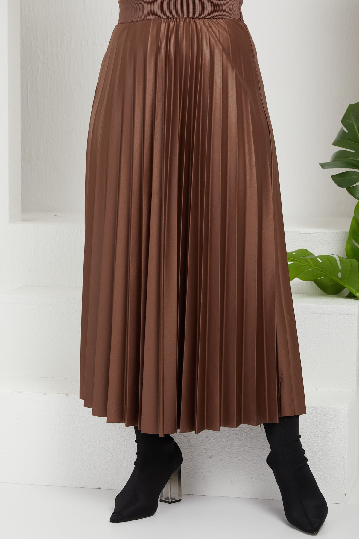 İmajButik Piliseli Deri Görünümlü Etek/kahverengi