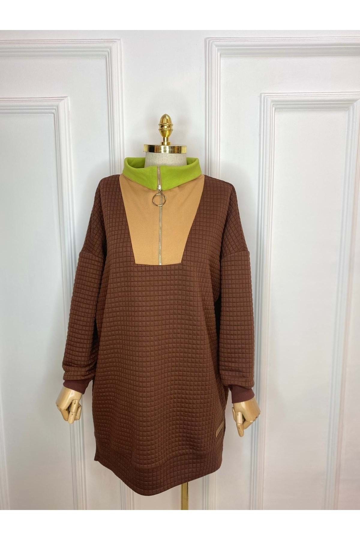 azra fashion Fermuar Yaka Sweat 30858 - Acı Kahve - L-xl