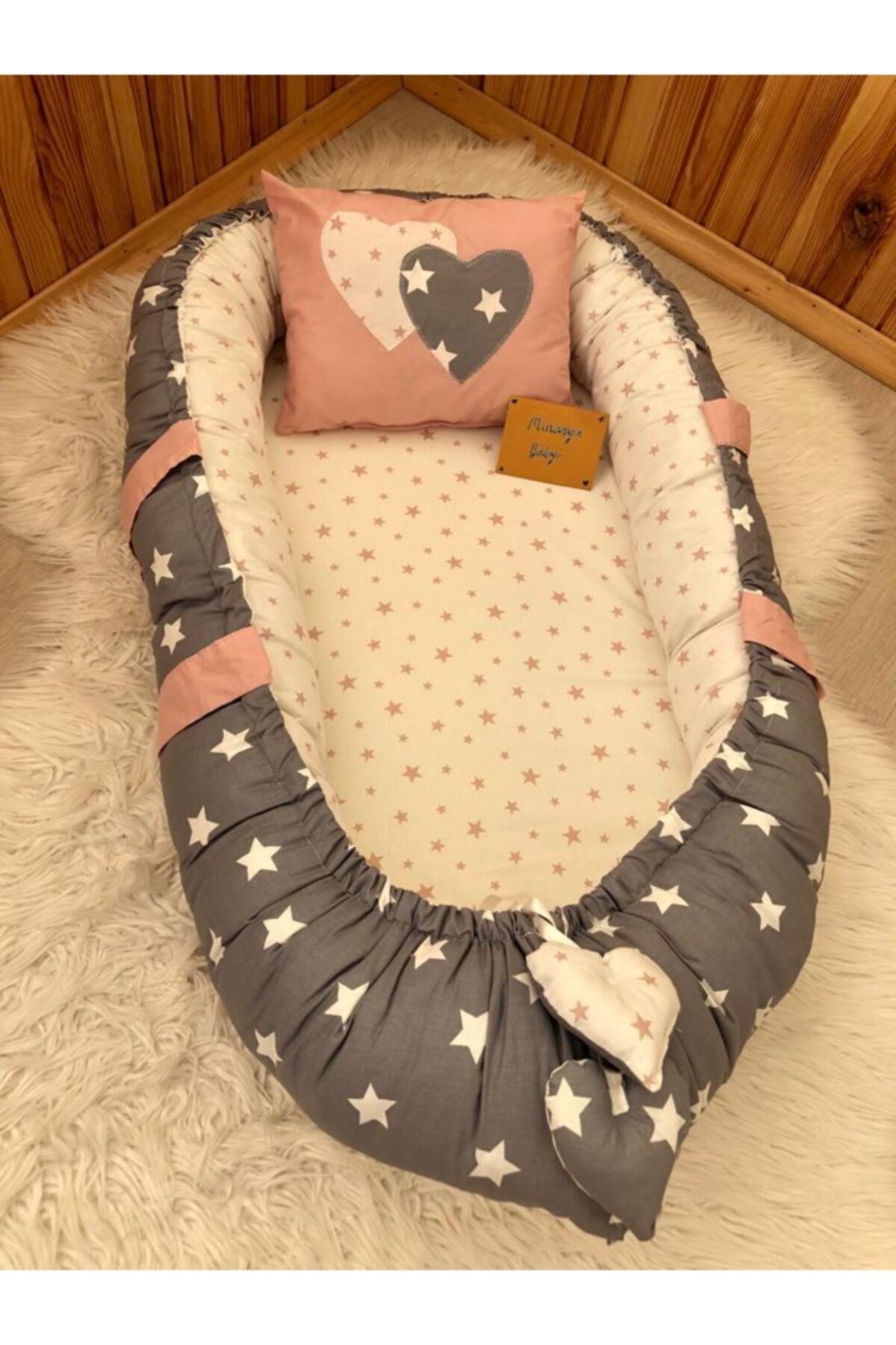 MİNASYA BABY Babynest Gri-pudra Yıldızlı Tasarım Ortopedik Babynest Yatak