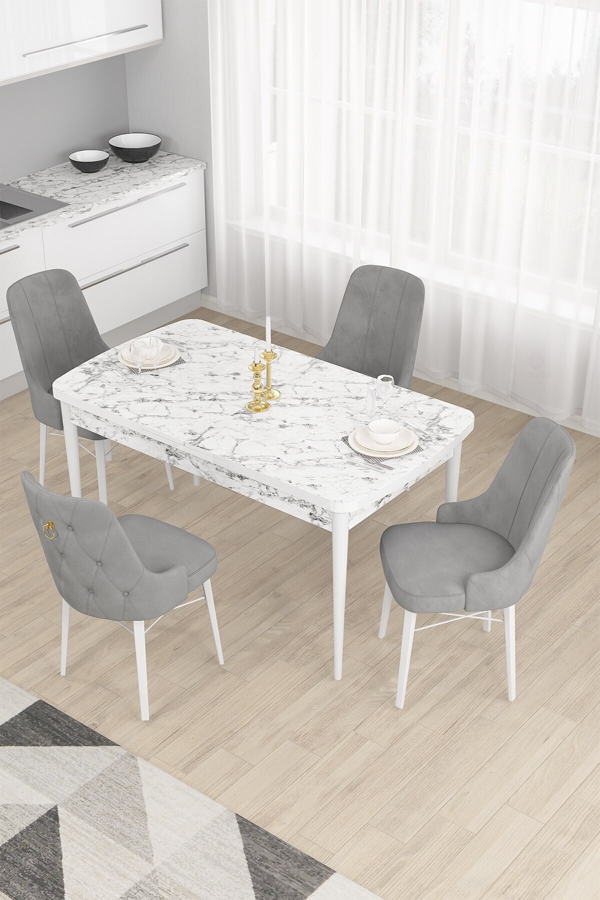 Canisa Concept Nar Serisi, 80x132 Açılabilir Mdf Masa, Beyaz Mermer Desen Mutfak Masa Takımı+4 Gri Sandalye