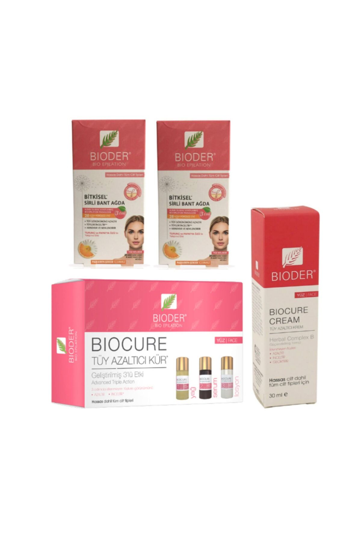 Bioder Tüy Azaltıcı Yüz Seti -yüz Serum 3x5 Ml + Tüy Azaltıcı Yüz Ağda Bandı 20+20 Adet + Yüz Krem 30ml
