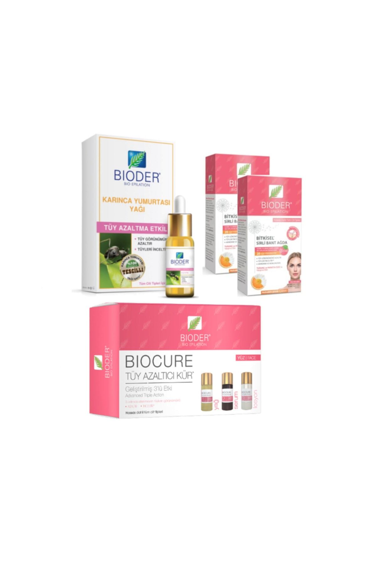 Bioder Tüy Azaltıcı Set-karınca Yumurtası Yağı 30 Ml + Yüz Serum 3x5ml + Yüz Ağda Bandı 20+20 Adet