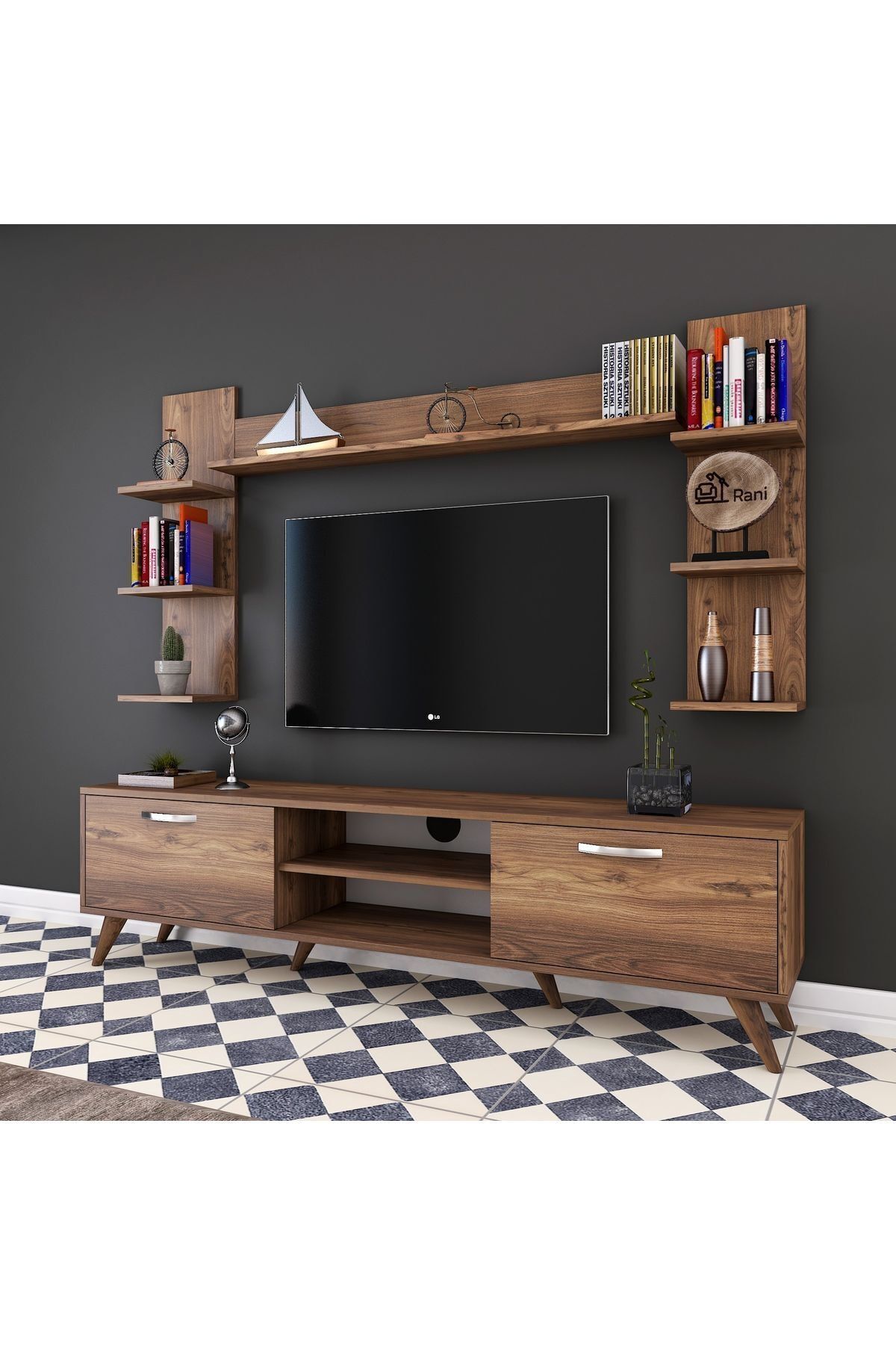Rani Mobilya A9 Duvar Raflı Kitaplıklı Tv Ünitesi Duvara Monte Dolaplı Modern Ayaklı Tv Sehpası Ceviz M23