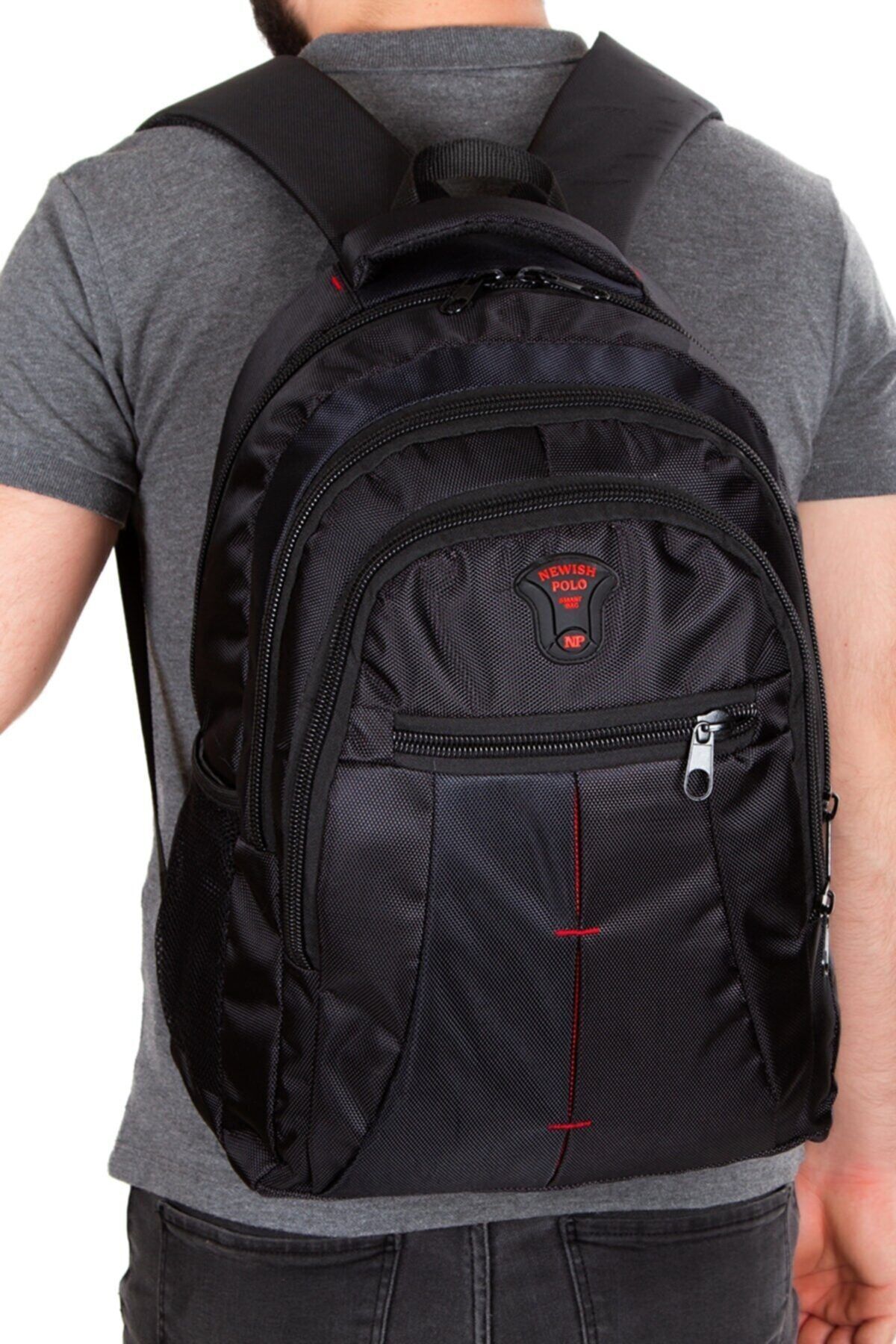 Newish Polo Erkek 4 Göz Fermuarlı Okul Laptop Spor Large Sırt Çantası Siyah