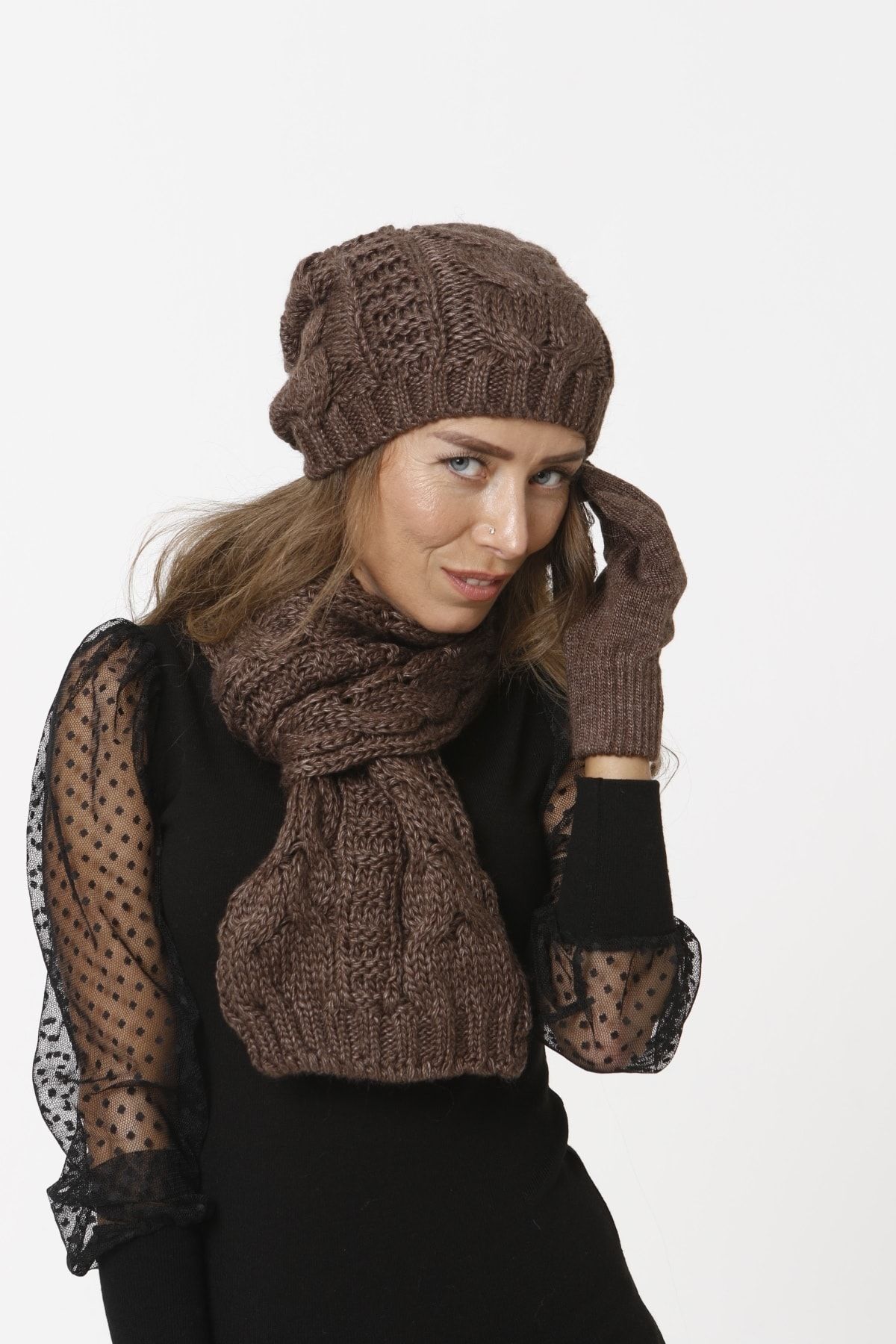 Lookshop Takım 57 Kadın Atkı&bere&eldiven Seti-kahverengi