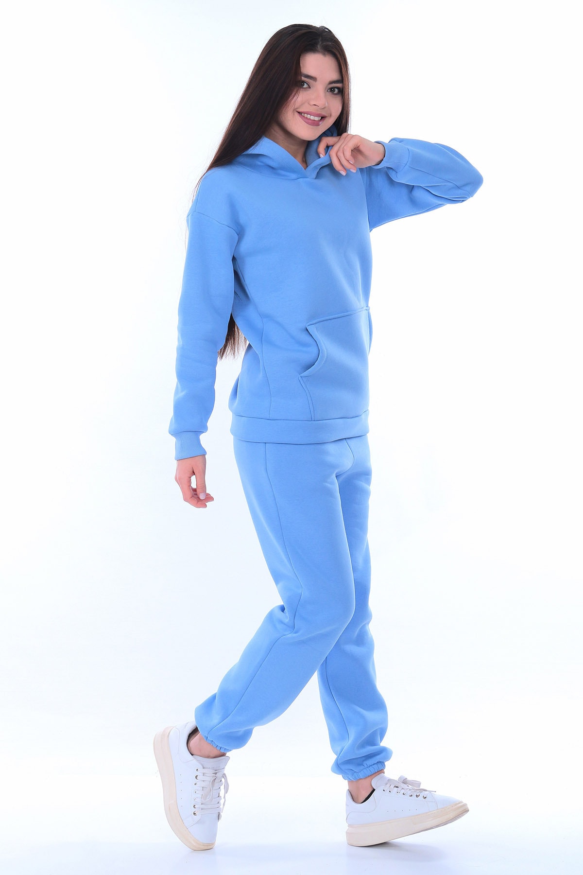 LC LACASE Kadın Kapüşonlu Mavi 3 Iplik Oversize Eşofman Takımı
